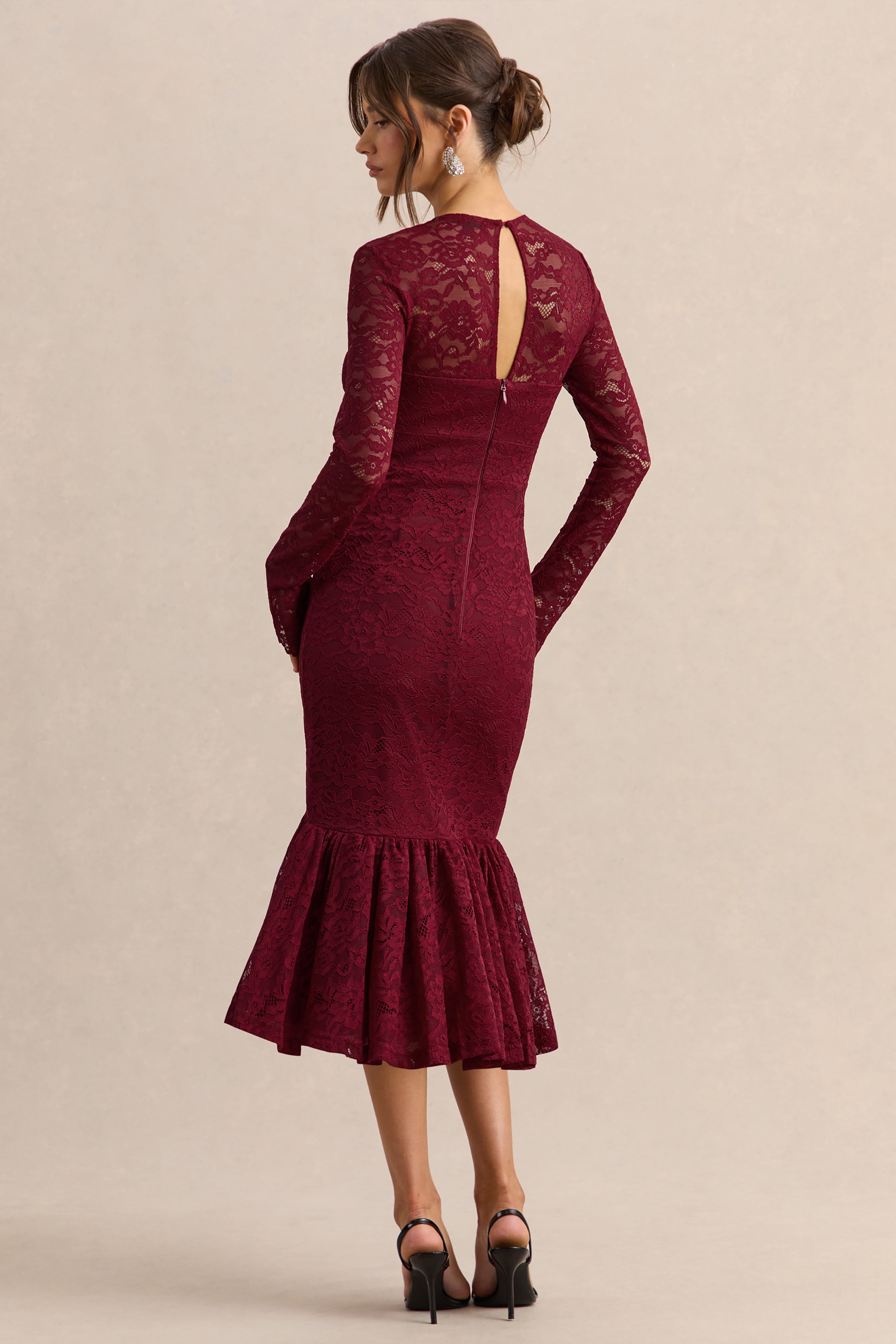 Camilly | Burgundy Lace Plunge-Neck Mermaid Midi Dress