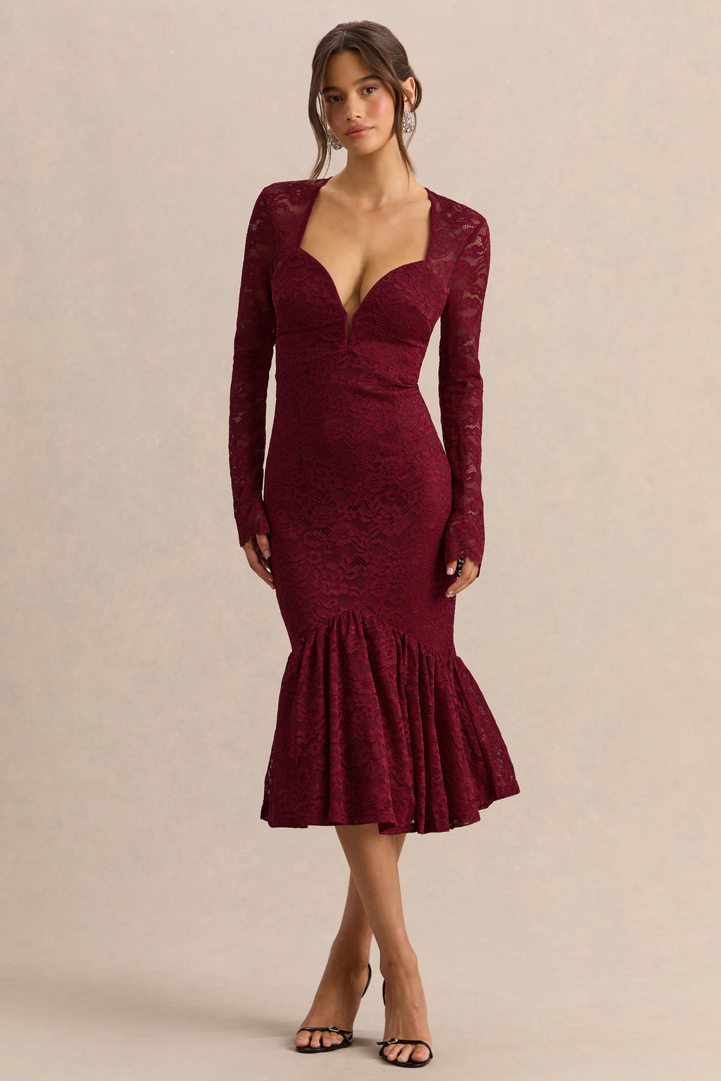 Camilly | Burgundy Lace Plunge-Neck Mermaid Midi Dress