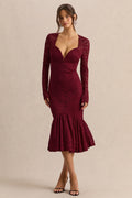 Camilly | Burgundy Lace Plunge-Neck Mermaid Midi Dress