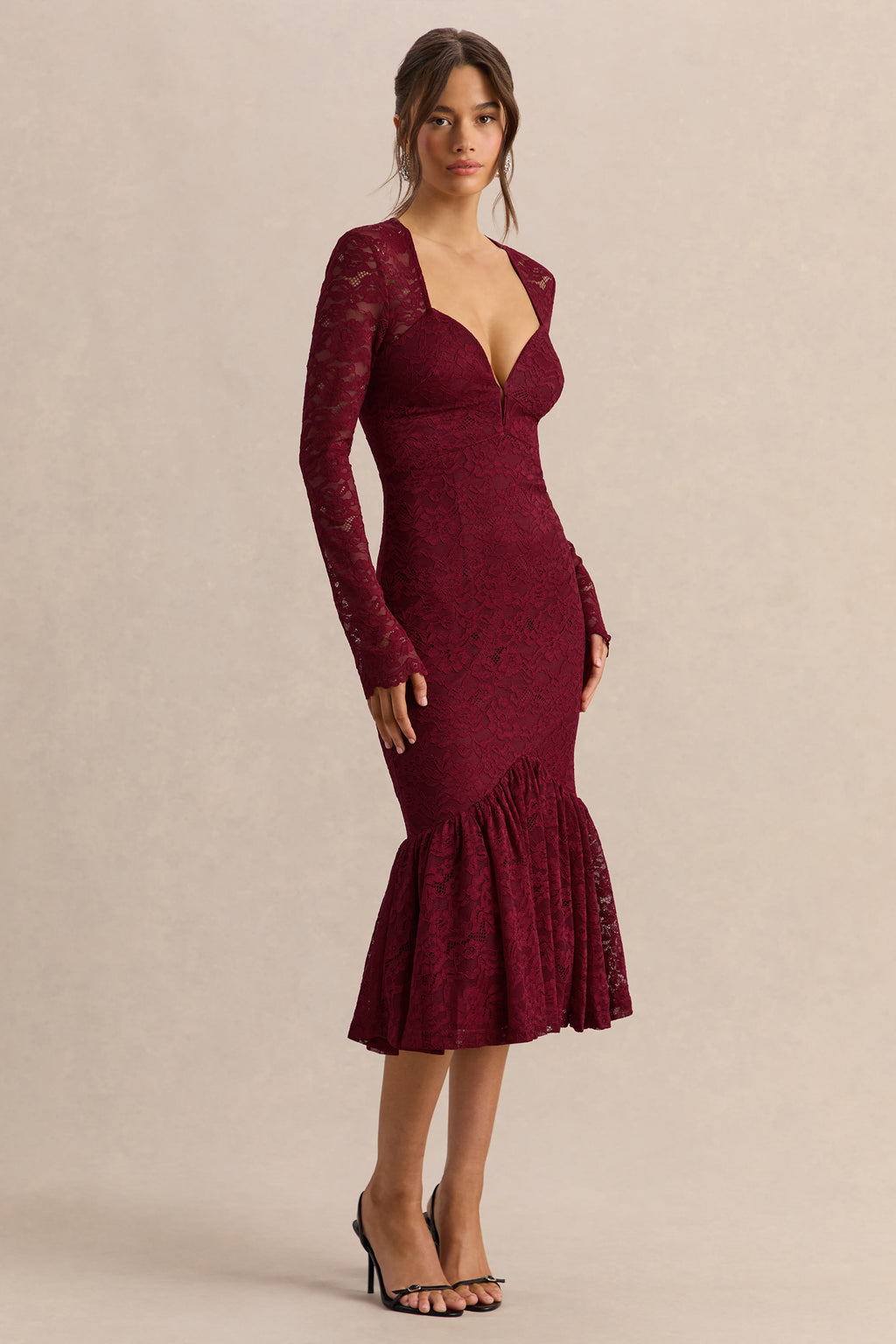 Camilly | Burgundy Lace Plunge-Neck Mermaid Midi Dress