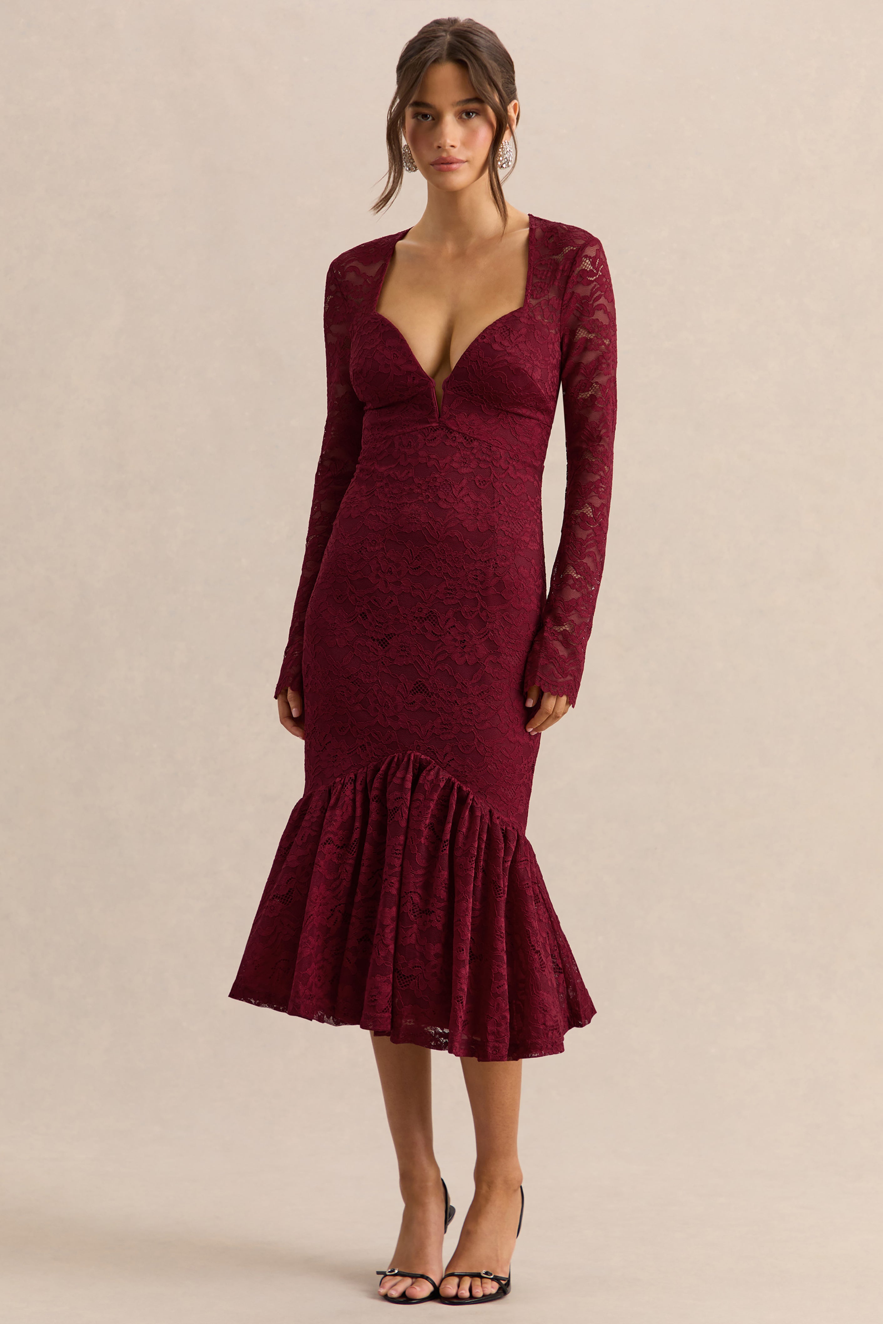 Camilly | Burgundy Lace Plunge-Neck Mermaid Midi Dress