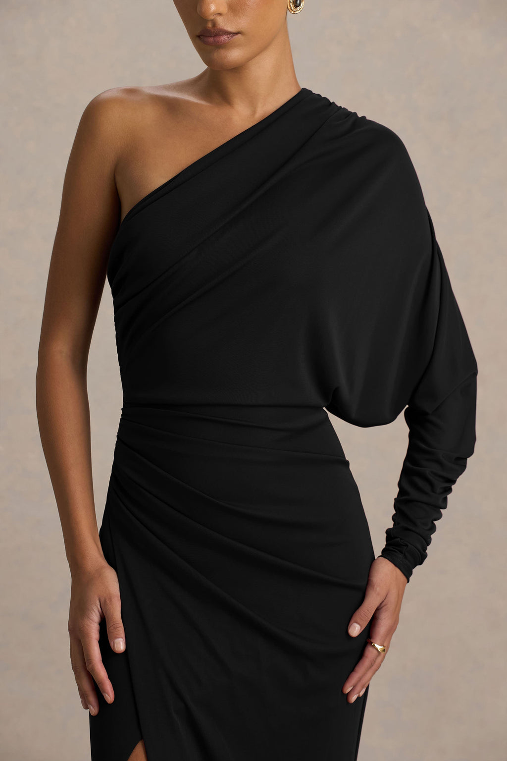 Lola | Black Asymmetric-Neck Maxi Dress With Ruched Detailing And Front High-Split