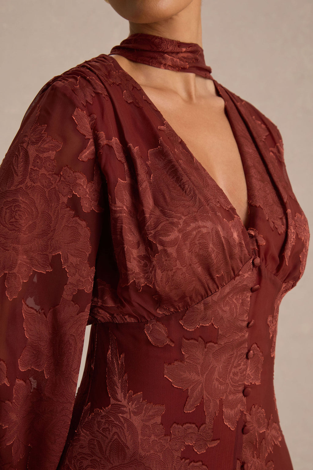 Sabina | Rust Devore Plunge-Neck Midi Dress