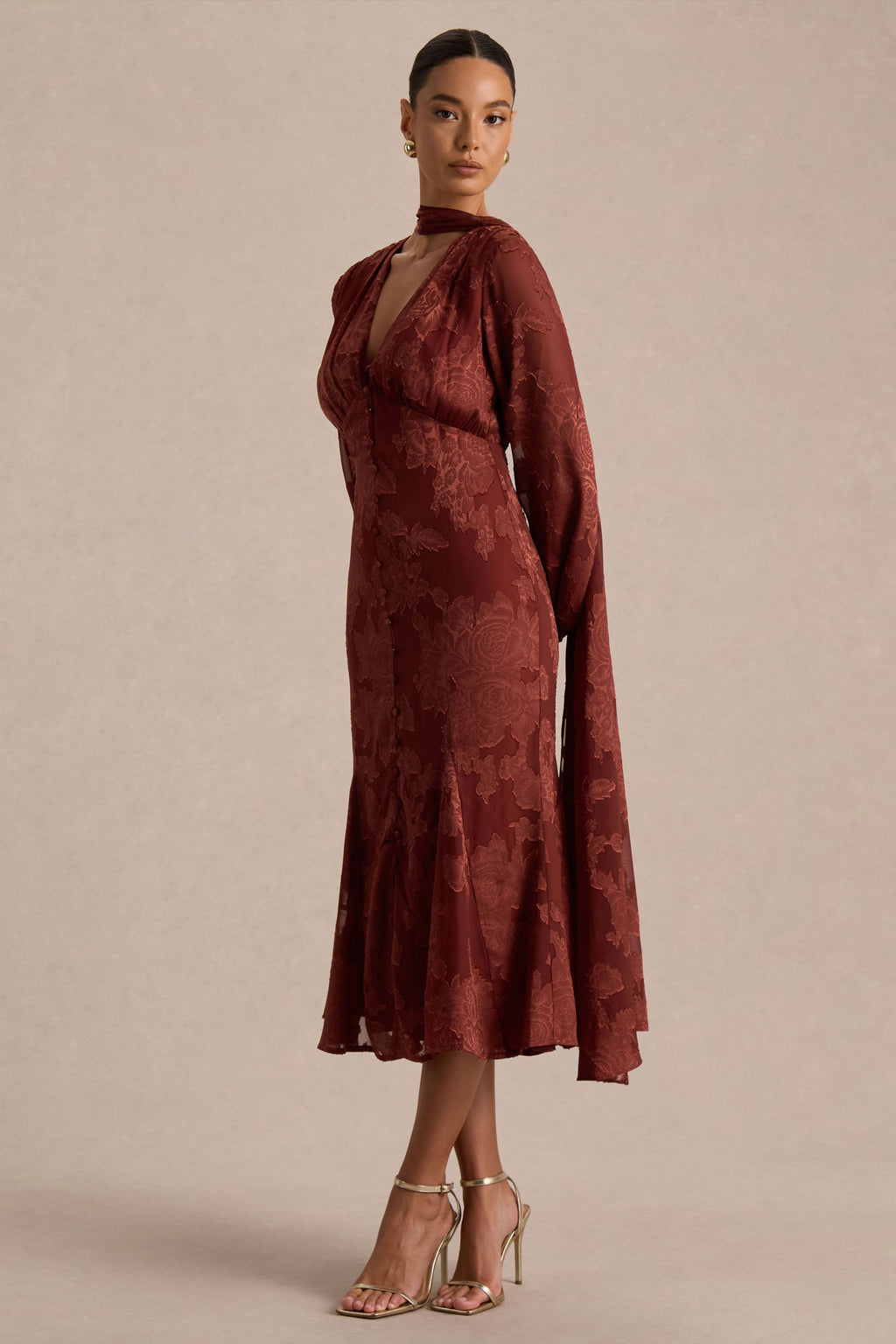 Sabina | Rust Devore Plunge-Neck Midi Dress