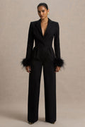 Lissy | Black Plunge-Neck Jumpsuit With Feather-Detailed Sleeves