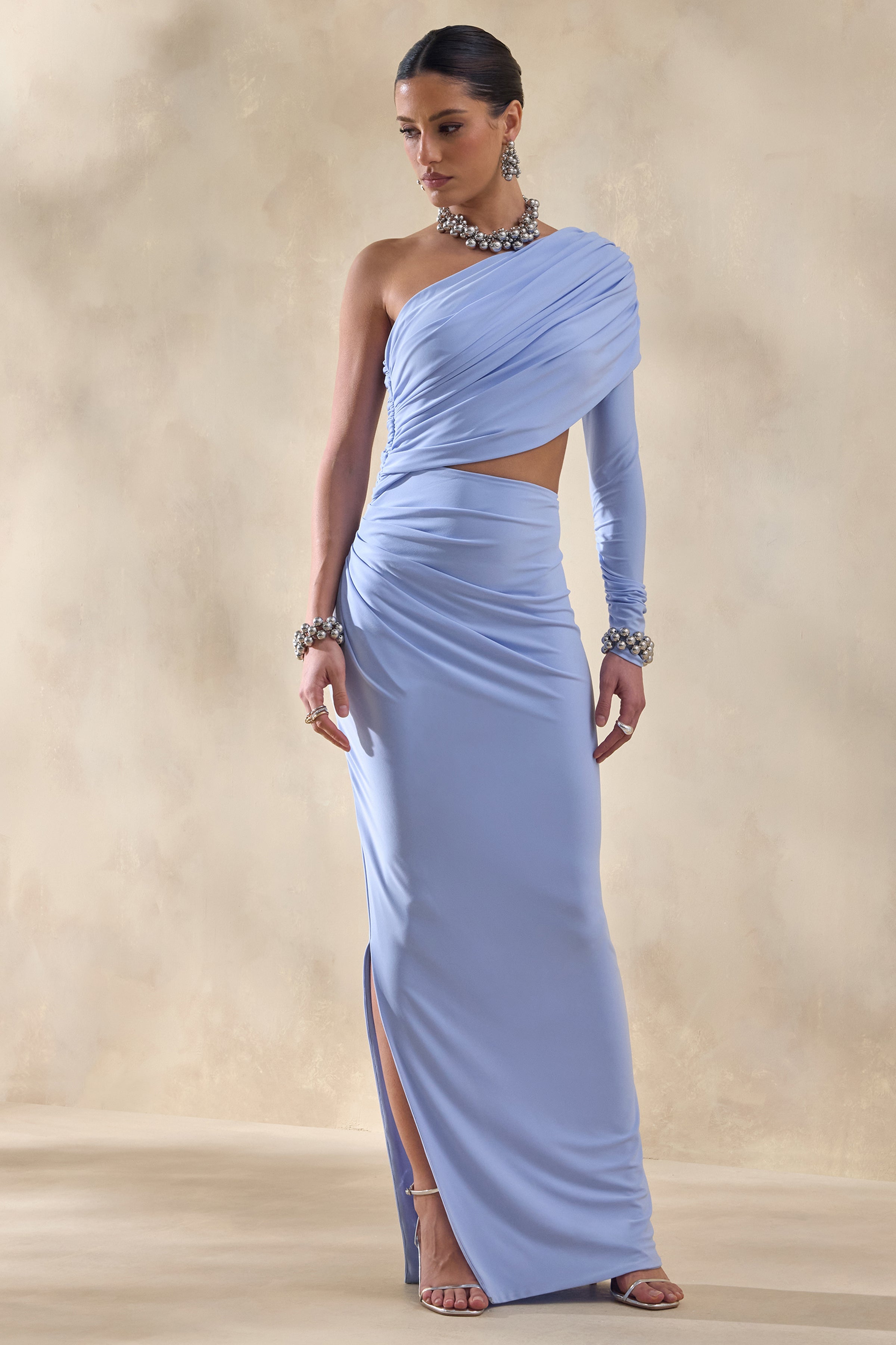 Malika | Powder Blue Asymmetric-Neck Maxi Dress With Body-Cut Out And Gathered Detailing