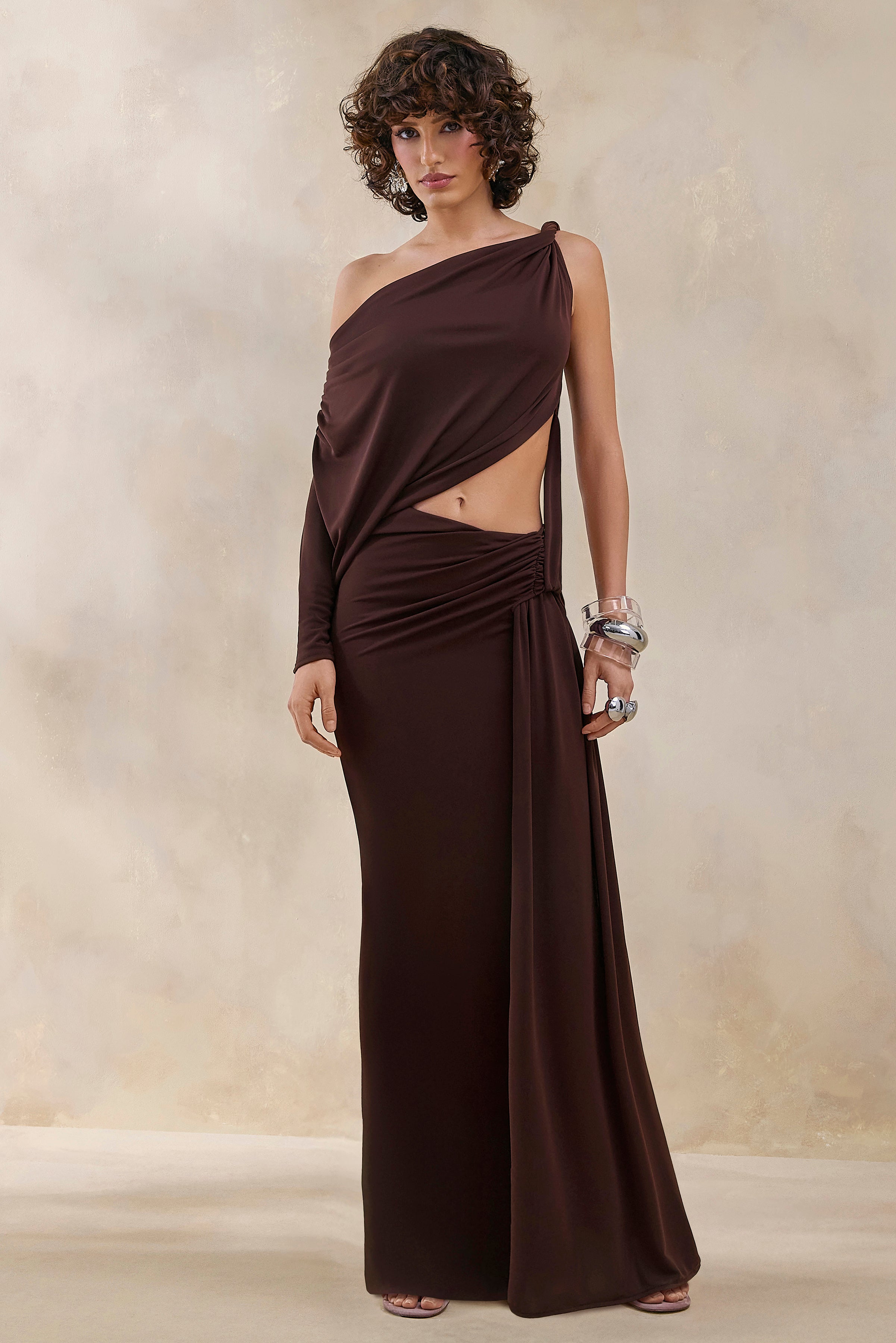 Layla | Brown Asymmetric-Neck Wrap Maxi Dress With Body Cut-Out And Ruched Detailing