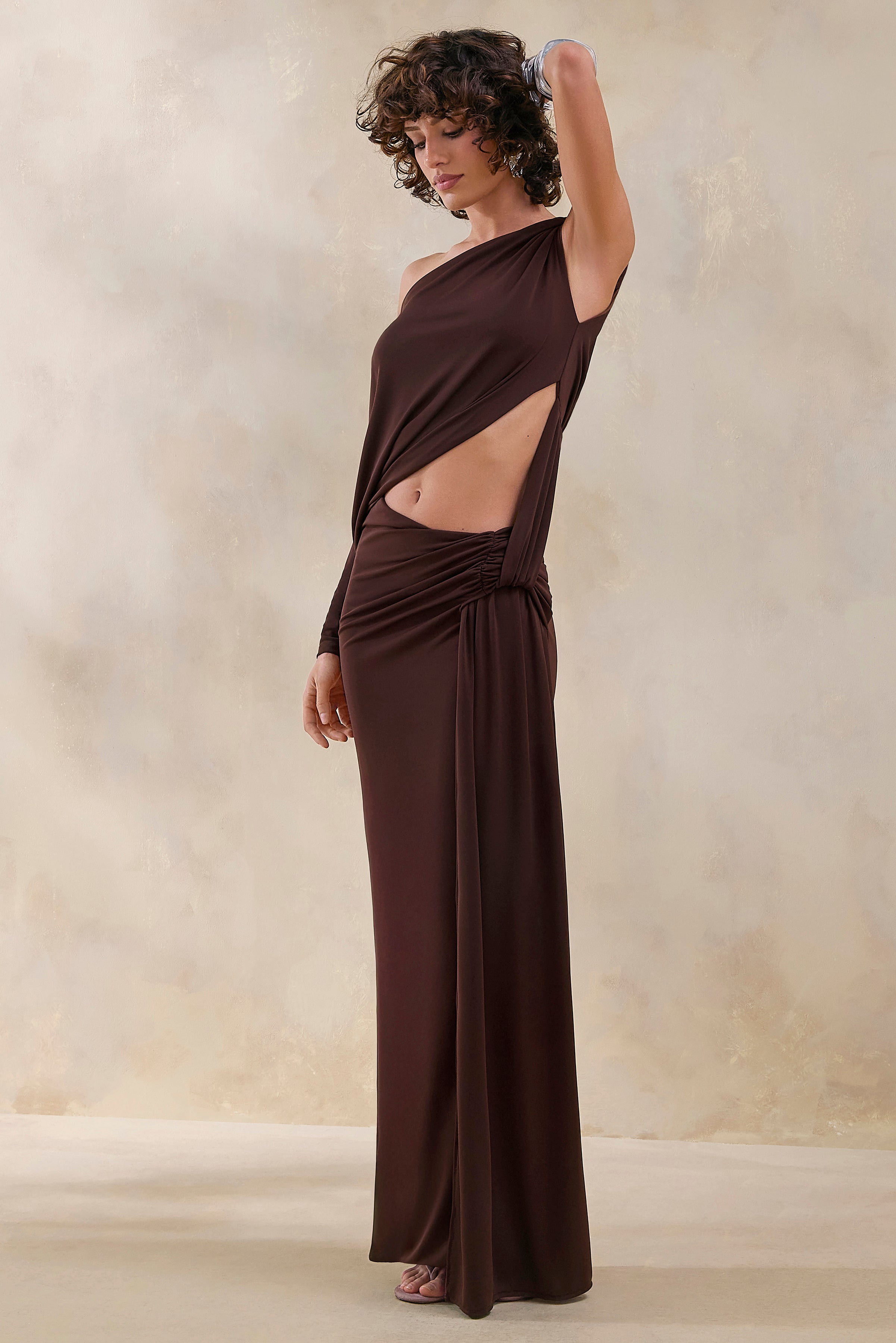 Layla | Brown Asymmetric-Neck Wrap Maxi Dress With Body Cut-Out And Ruched Detailing