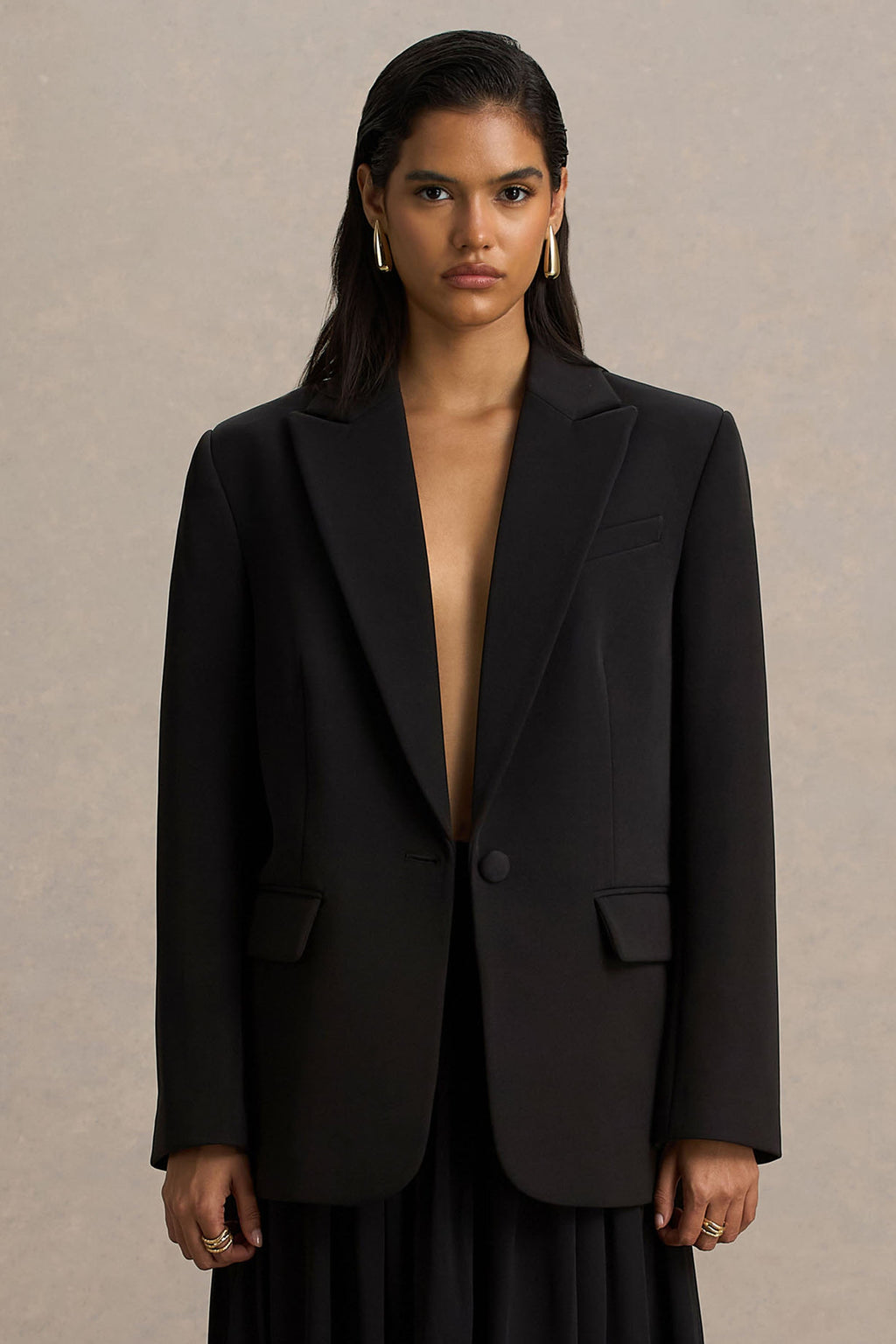 Katherine | Black Plunge-Neck Oversized Blazer