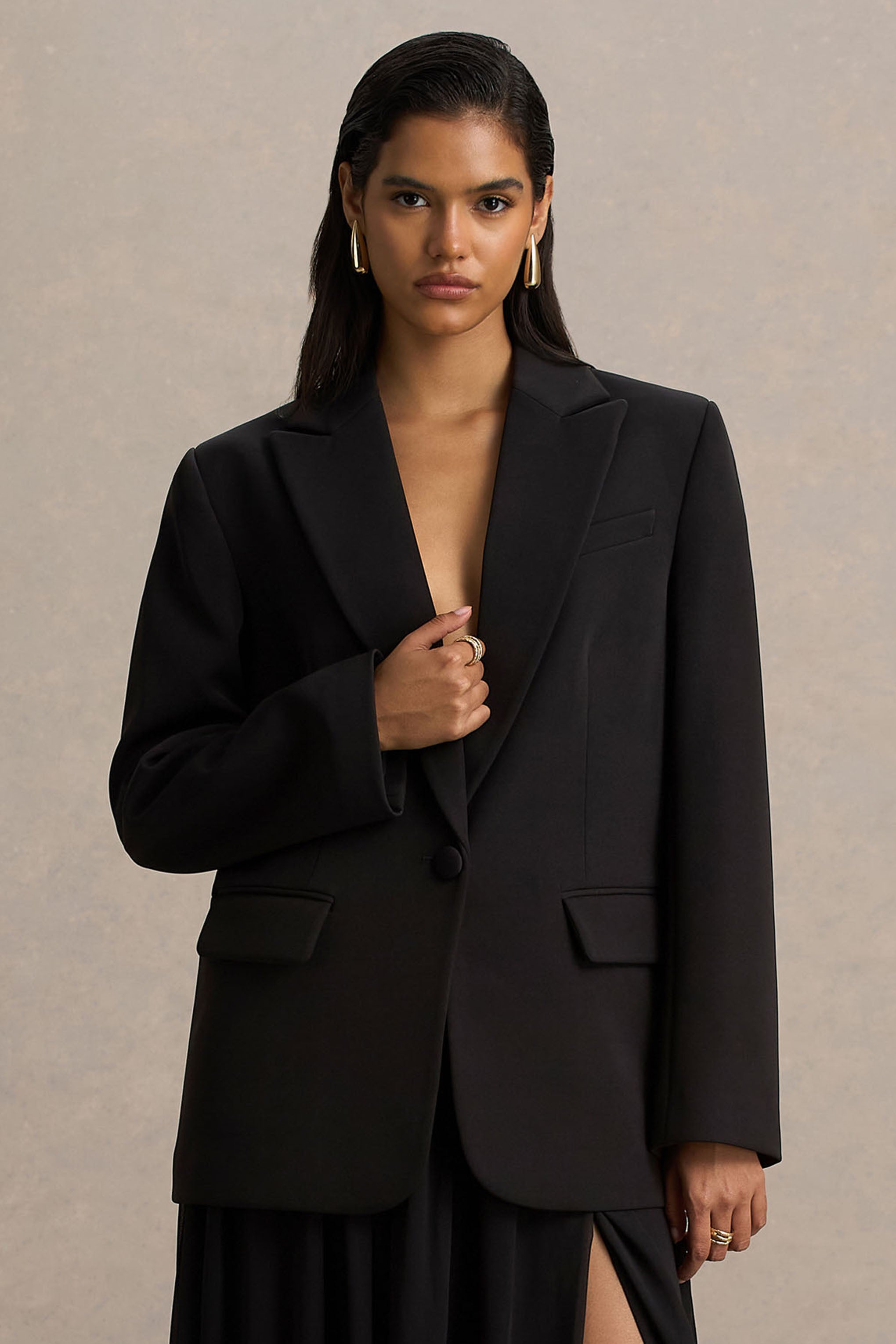 Katherine | Black Plunge-Neck Oversized Blazer
