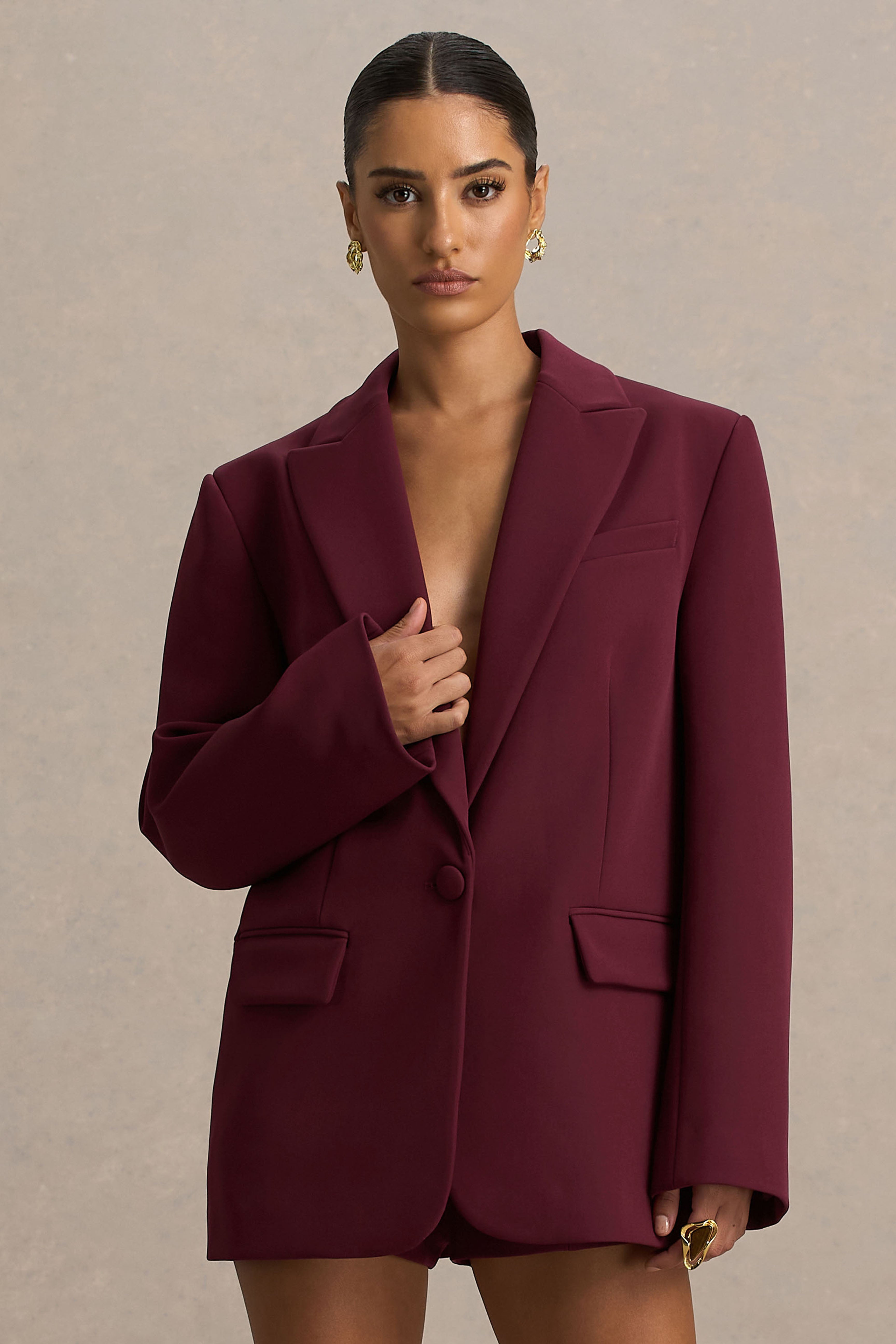 Katherine | Burgundy Plunge-Neck Oversized Blazer