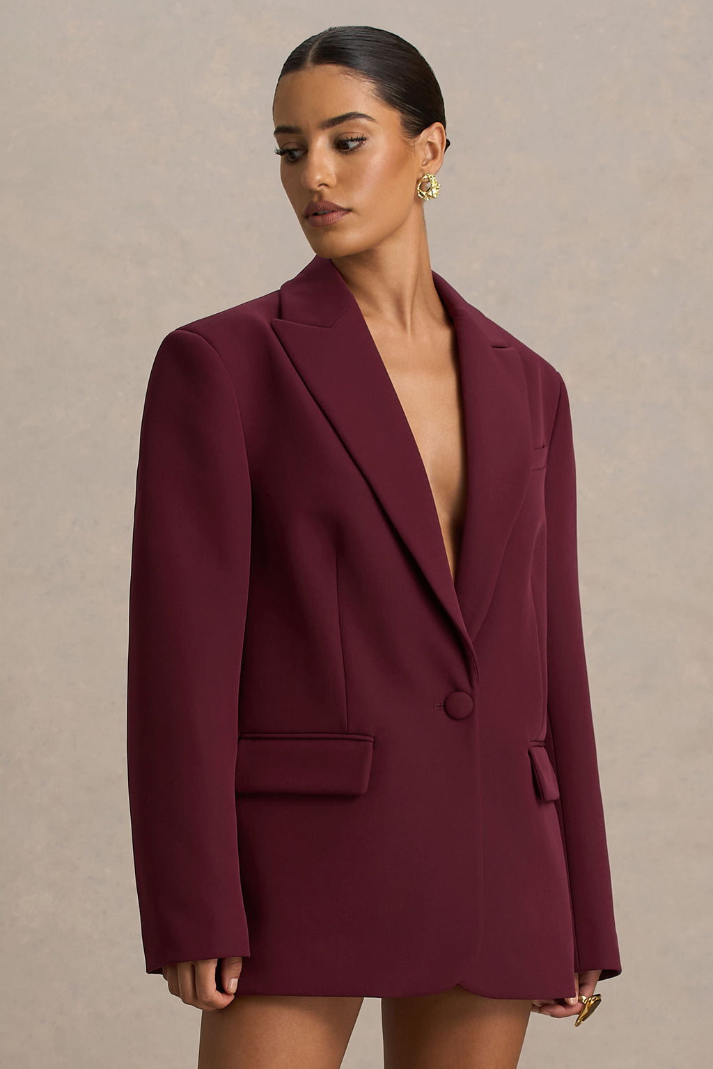 Katherine | Burgundy Plunge-Neck Oversized Blazer