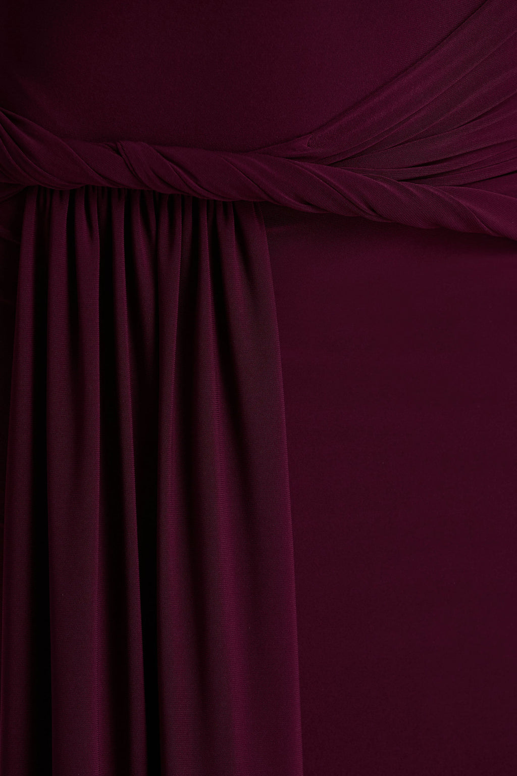 Tulisa | Burgundy Asymmetric-Neck Maxi Dress With Twist Sleeves And Ruched Detailing