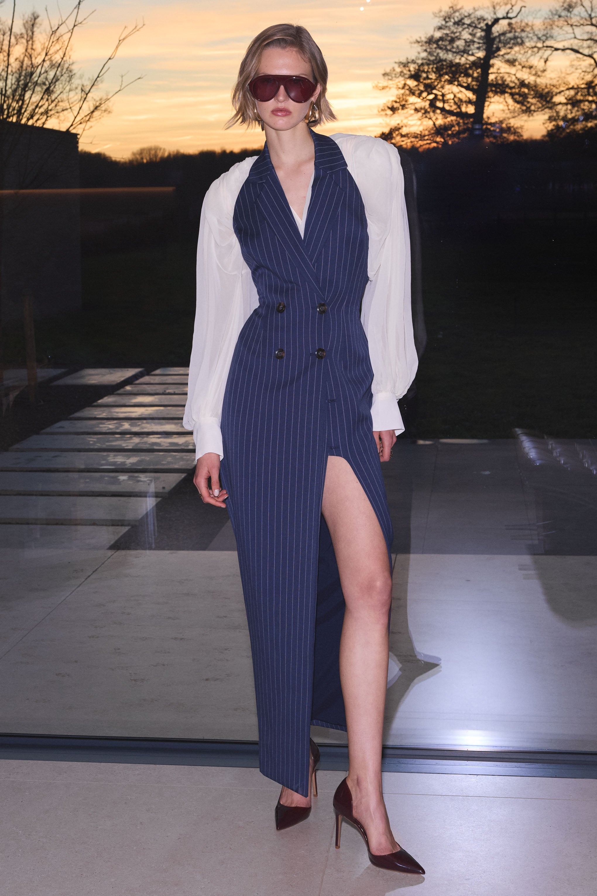 Eve | Navy Pinstripe Plunge-Neckline Tailored Maxi Dress