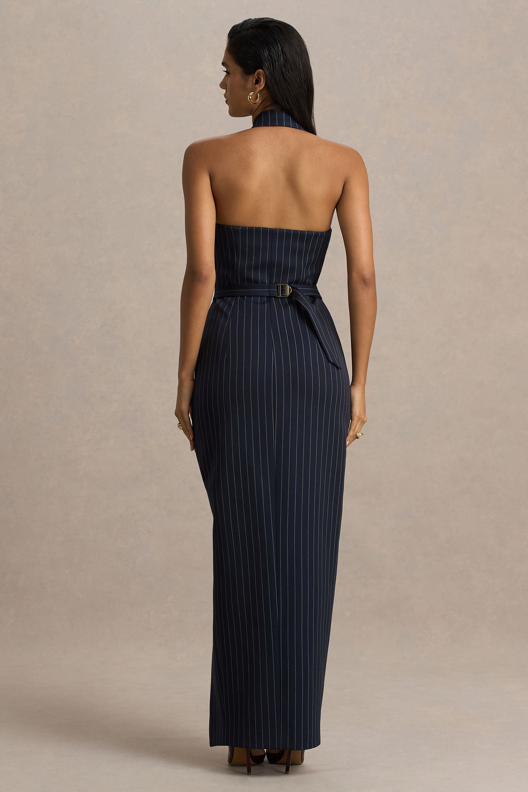 Eve | Navy Pinstripe Plunge-Neckline Tailored Maxi Dress