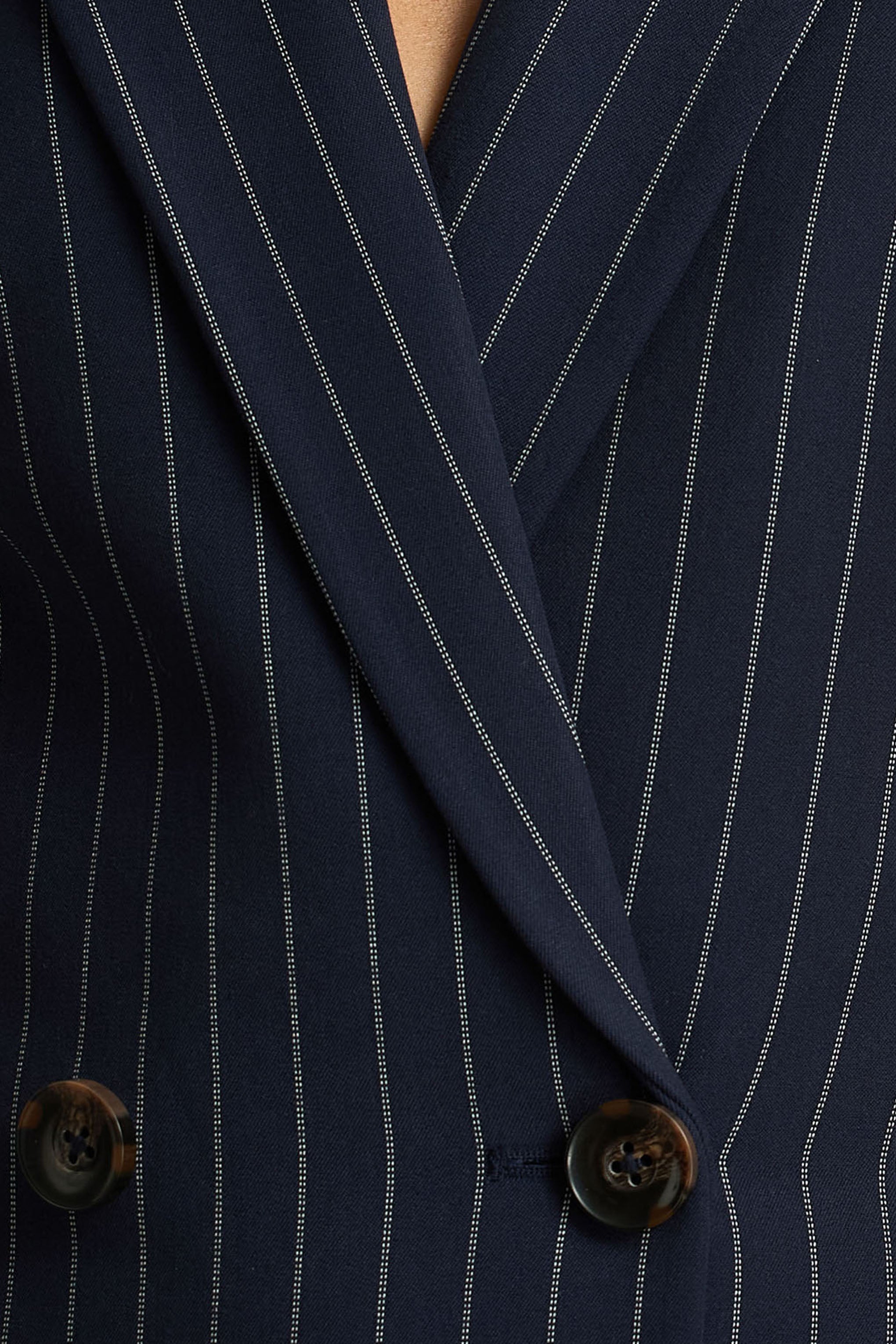 Eve | Navy Pinstripe Plunge-Neckline Tailored Maxi Dress
