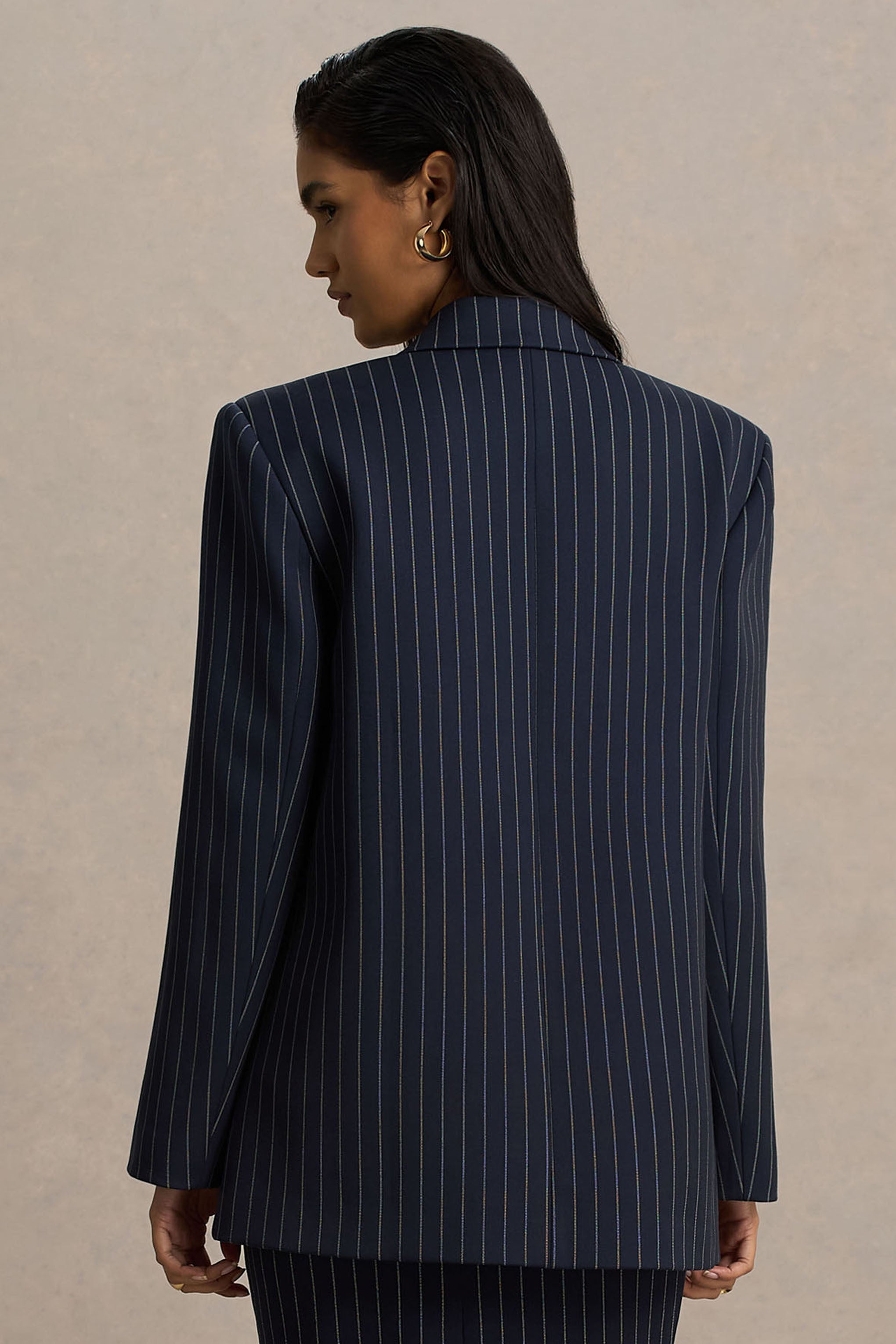 Alana | Navy Pinstripe Plunge-Neck Oversized Blazer