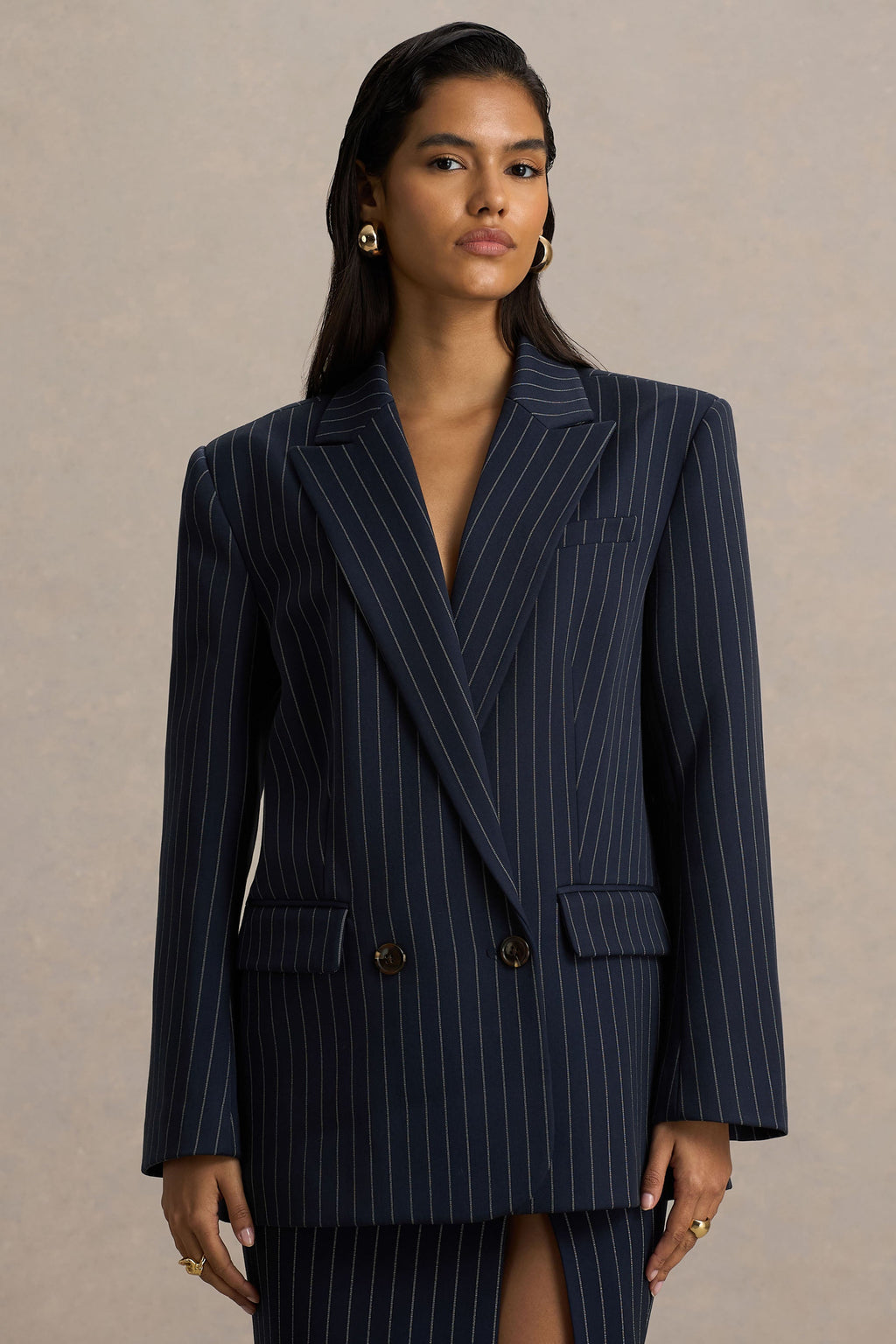 Alana | Navy Pinstripe Plunge-Neck Oversized Blazer