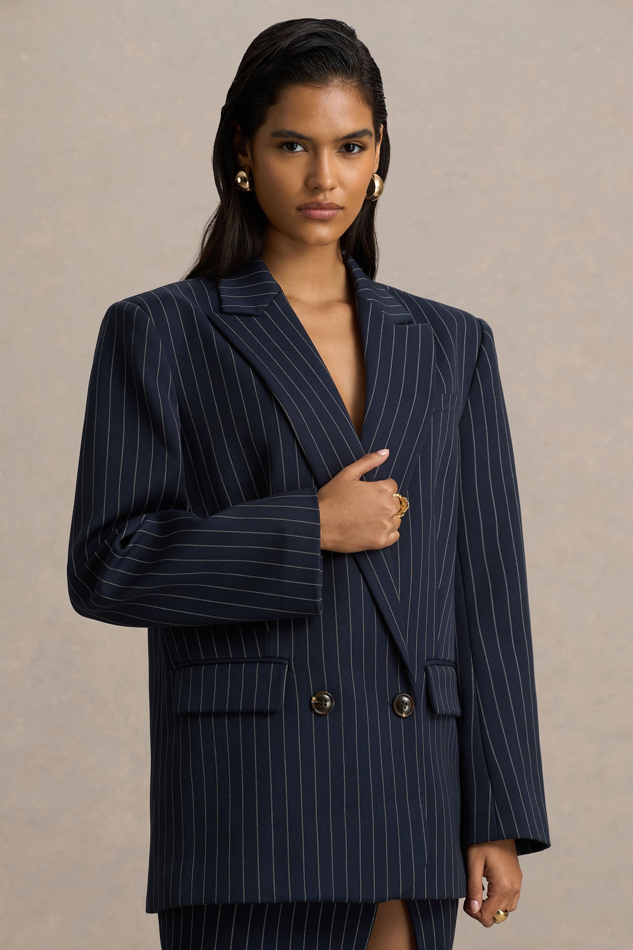 Alana | Navy Pinstripe Plunge-Neck Oversized Blazer