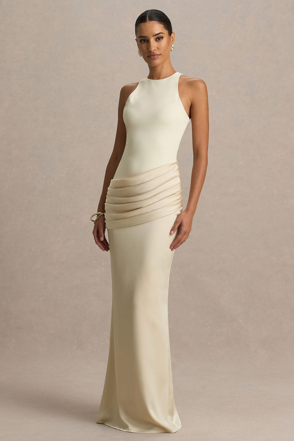 Akari | Cream Crew-Neck Maxi Dress With Satin Skirt