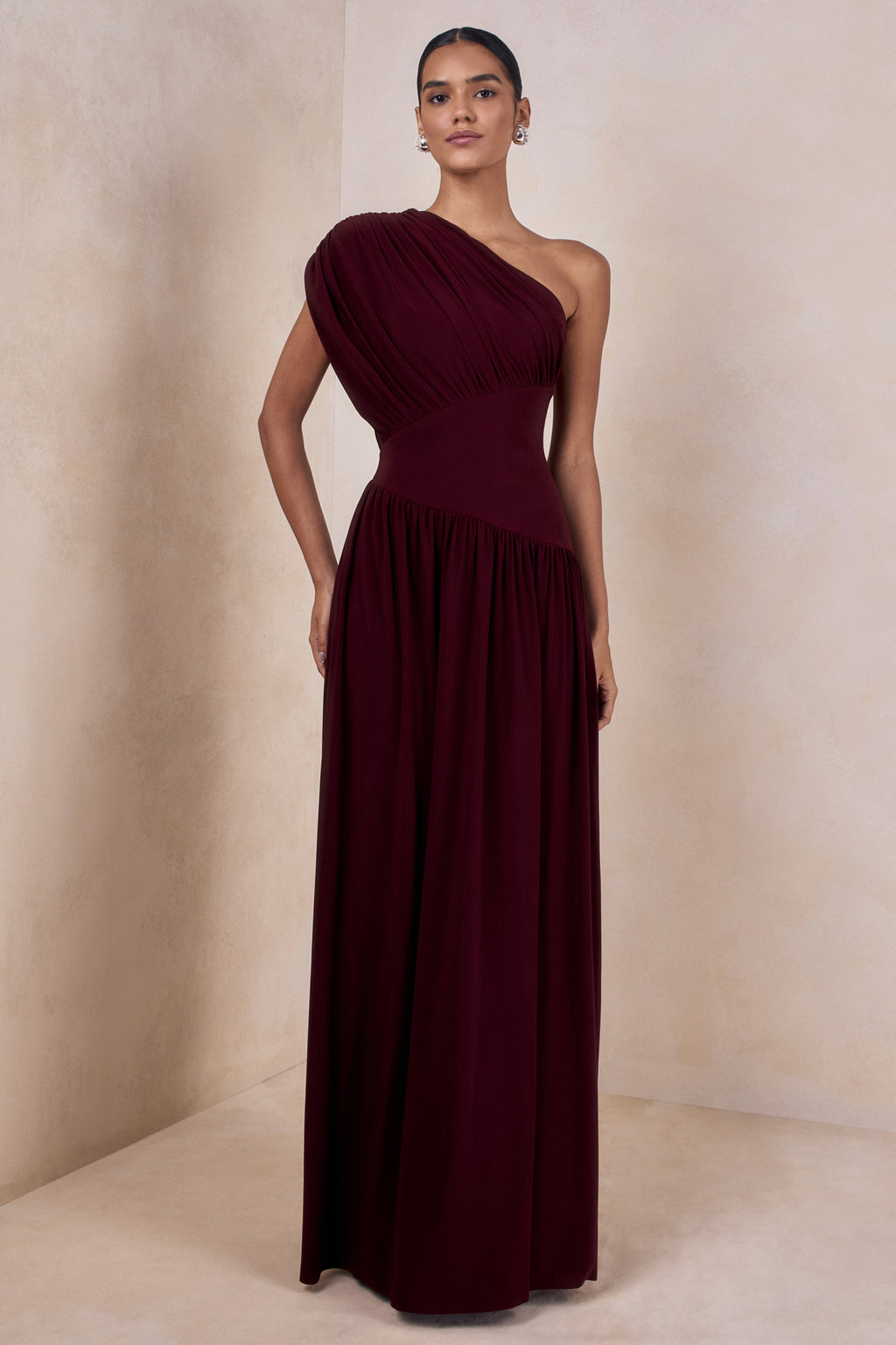 Kelsey | Burgundy Asymmetric-Neck Maxi Dress With Ruched Detailing