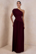 Kelsey | Burgundy Asymmetric-Neck Maxi Dress With Ruched Detailing