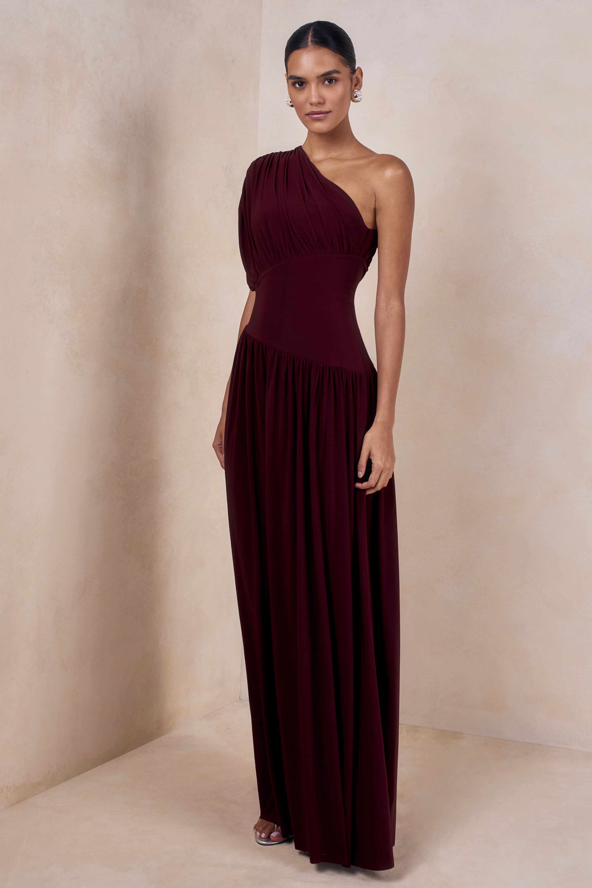 Kelsey | Burgundy Asymmetric-Neck Maxi Dress With Ruched Detailing