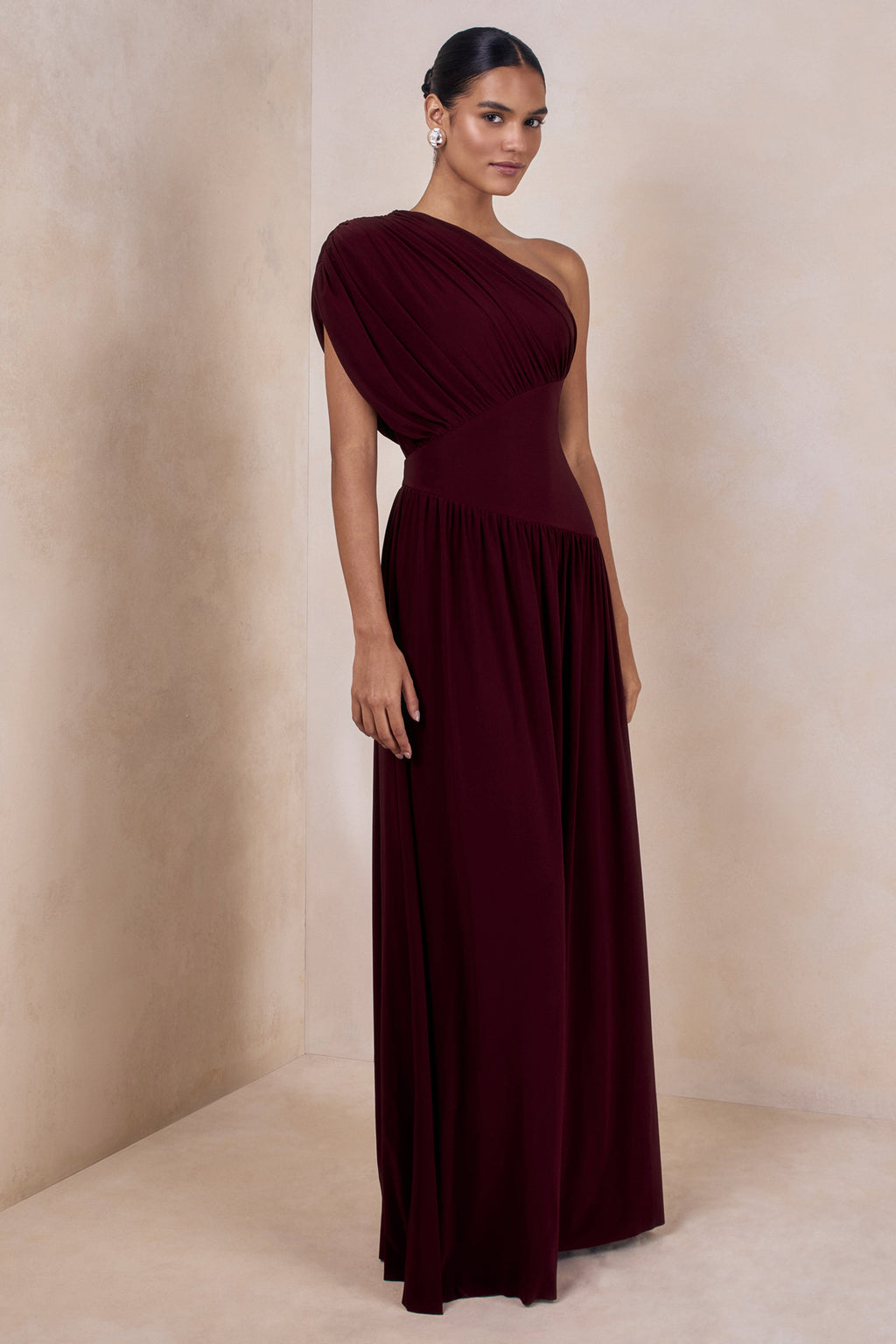 Kelsey | Burgundy Asymmetric-Neck Maxi Dress With Ruched Detailing
