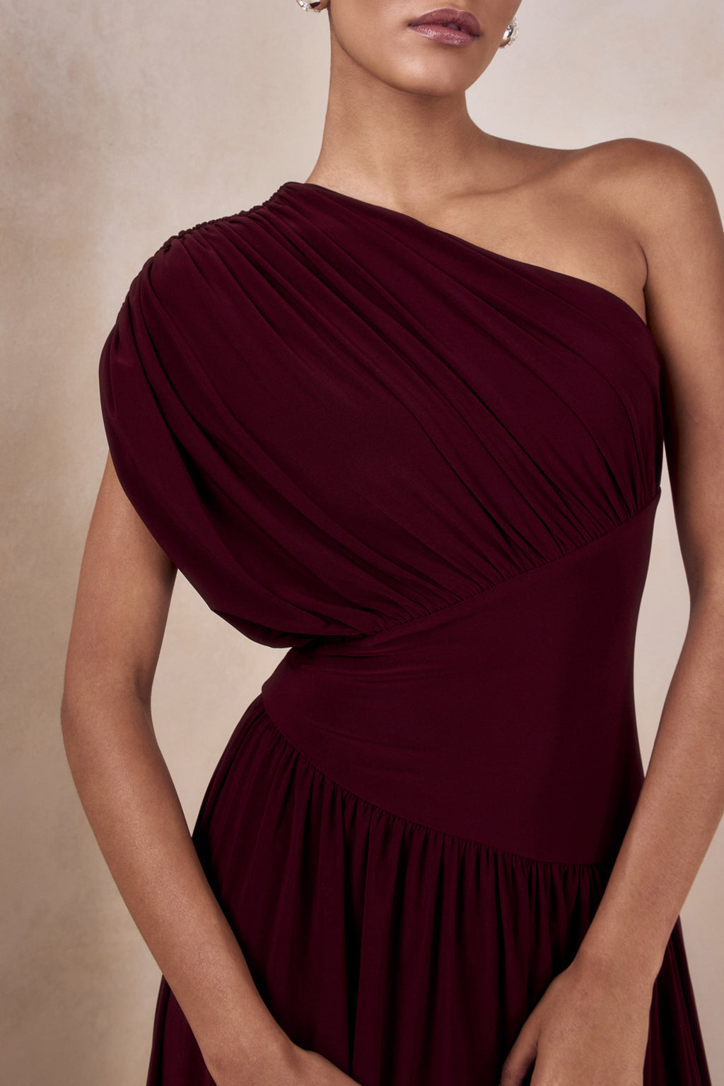 Kelsey | Burgundy Asymmetric-Neck Maxi Dress With Ruched Detailing