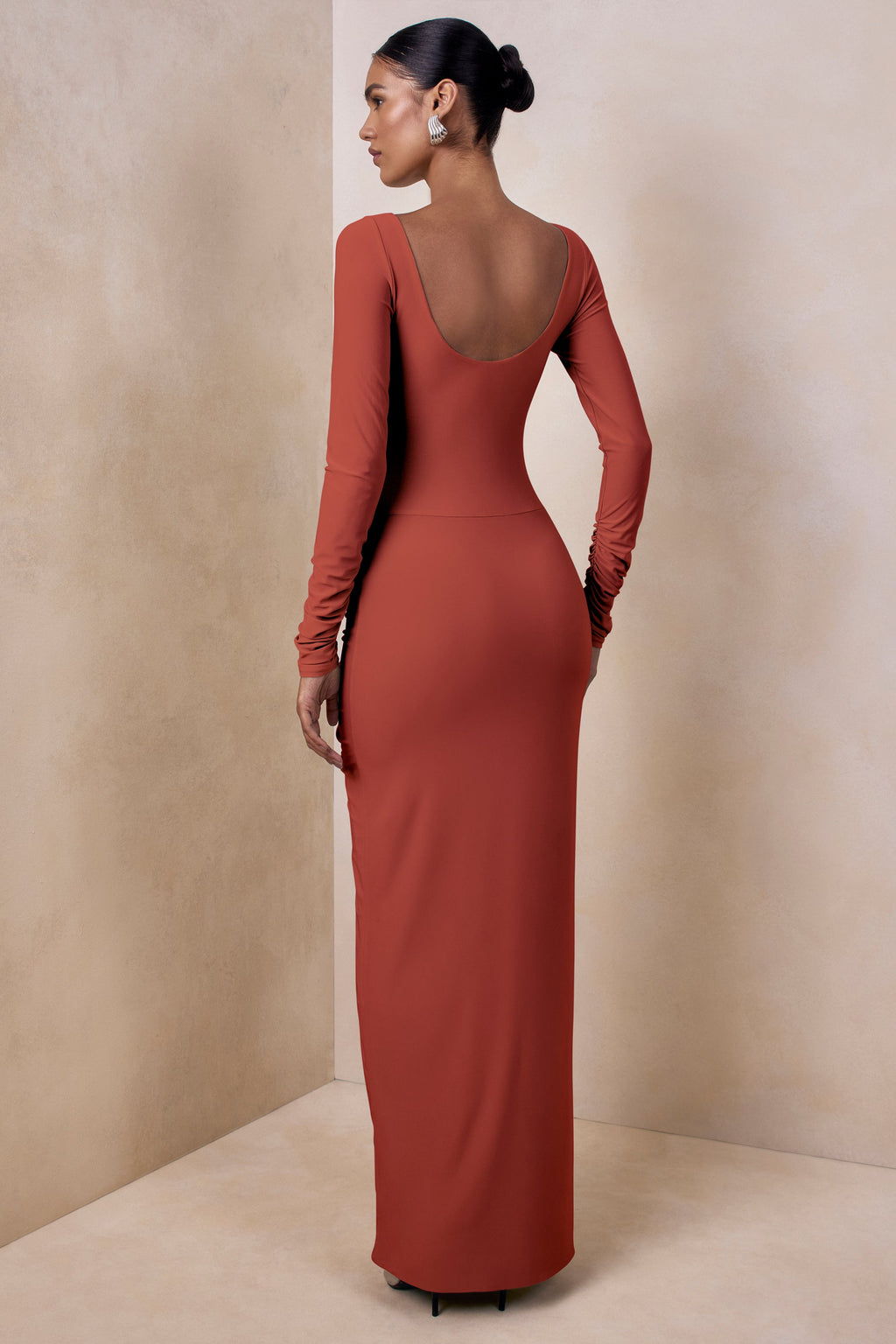 Matilda | Rust Boat-Neck Maxi Dress With Ruched Detailing