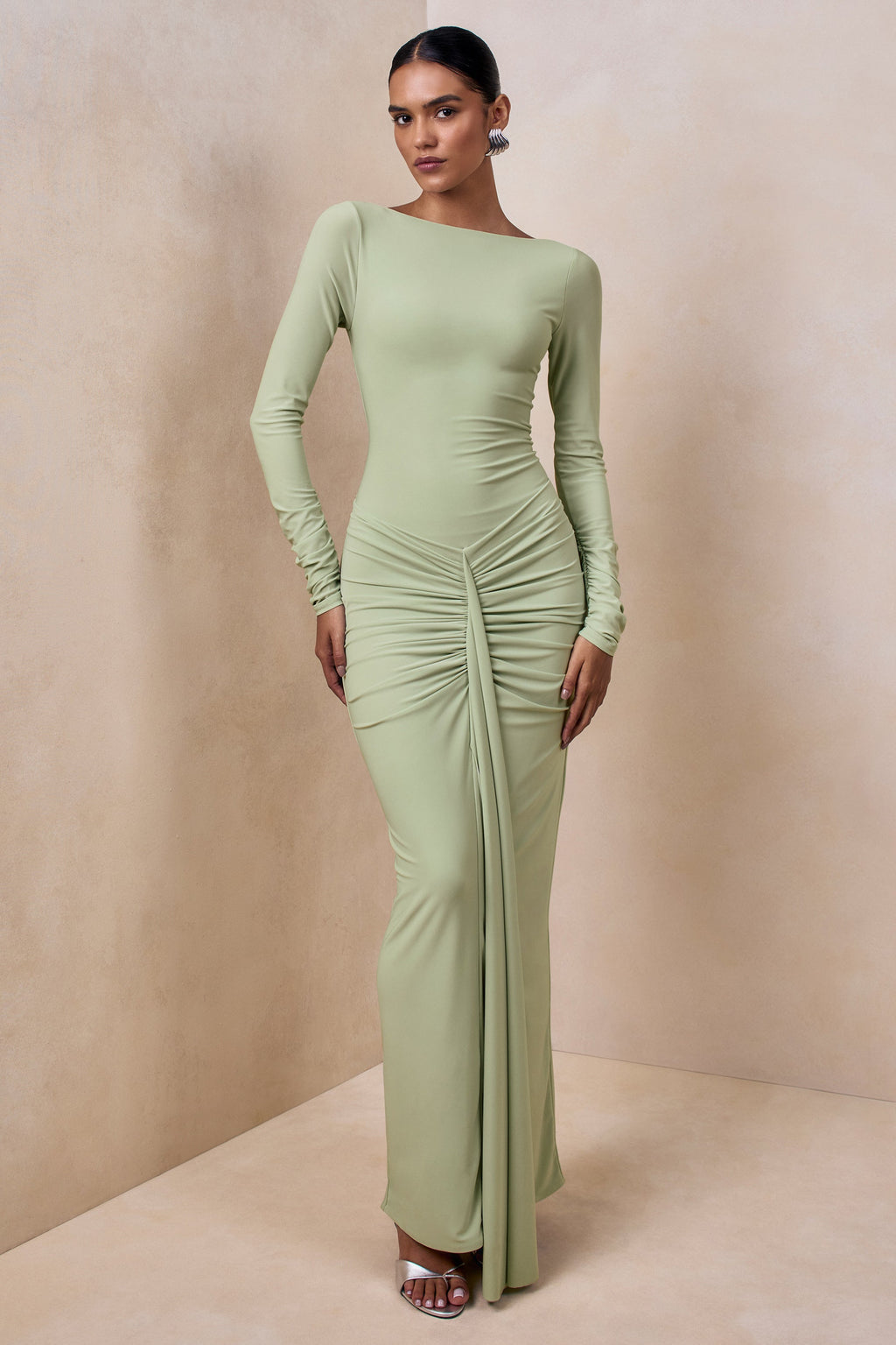 Matilda | Light Green Boat-Neck Maxi Dress With Ruched Detailing