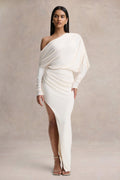 Olivia | Cream Asymmetric-Neck Maxi Dress With Ruched Detailing Asymmetric-Hem