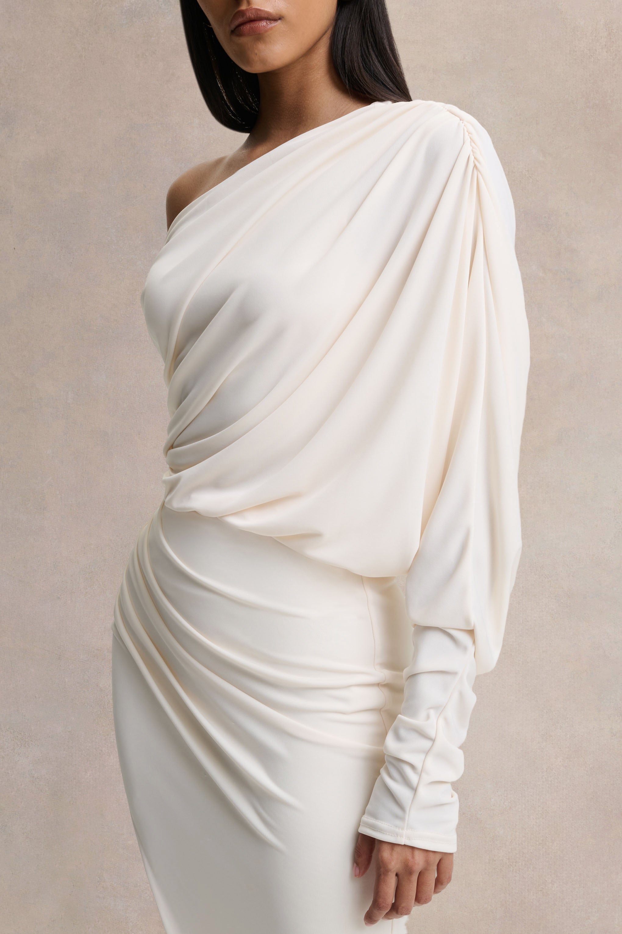 Olivia | Cream Asymmetric-Neck Maxi Dress With Ruched Detailing Asymmetric-Hem