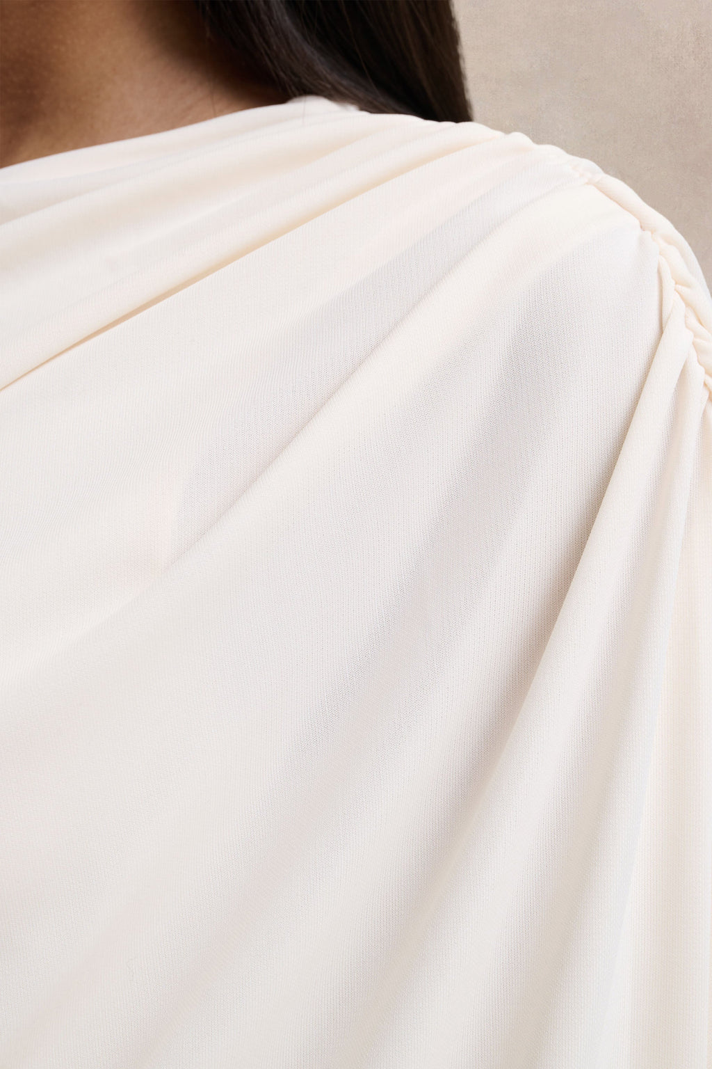 Olivia | Cream Asymmetric-Neck Maxi Dress With Ruched Detailing Asymmetric-Hem