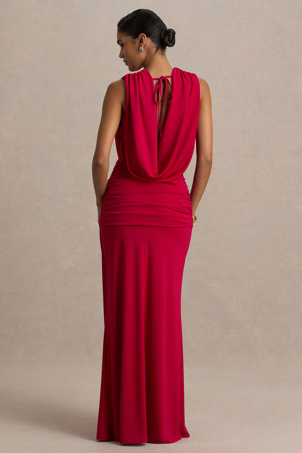 Serafina | Red Extreme-Plunge Maxi Dress With Ruched Detailing And Open-Back