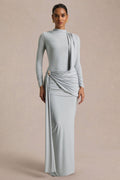 Melissa | Blue Long-Sleeve Wrap Maxi Dress With Draped Detailing