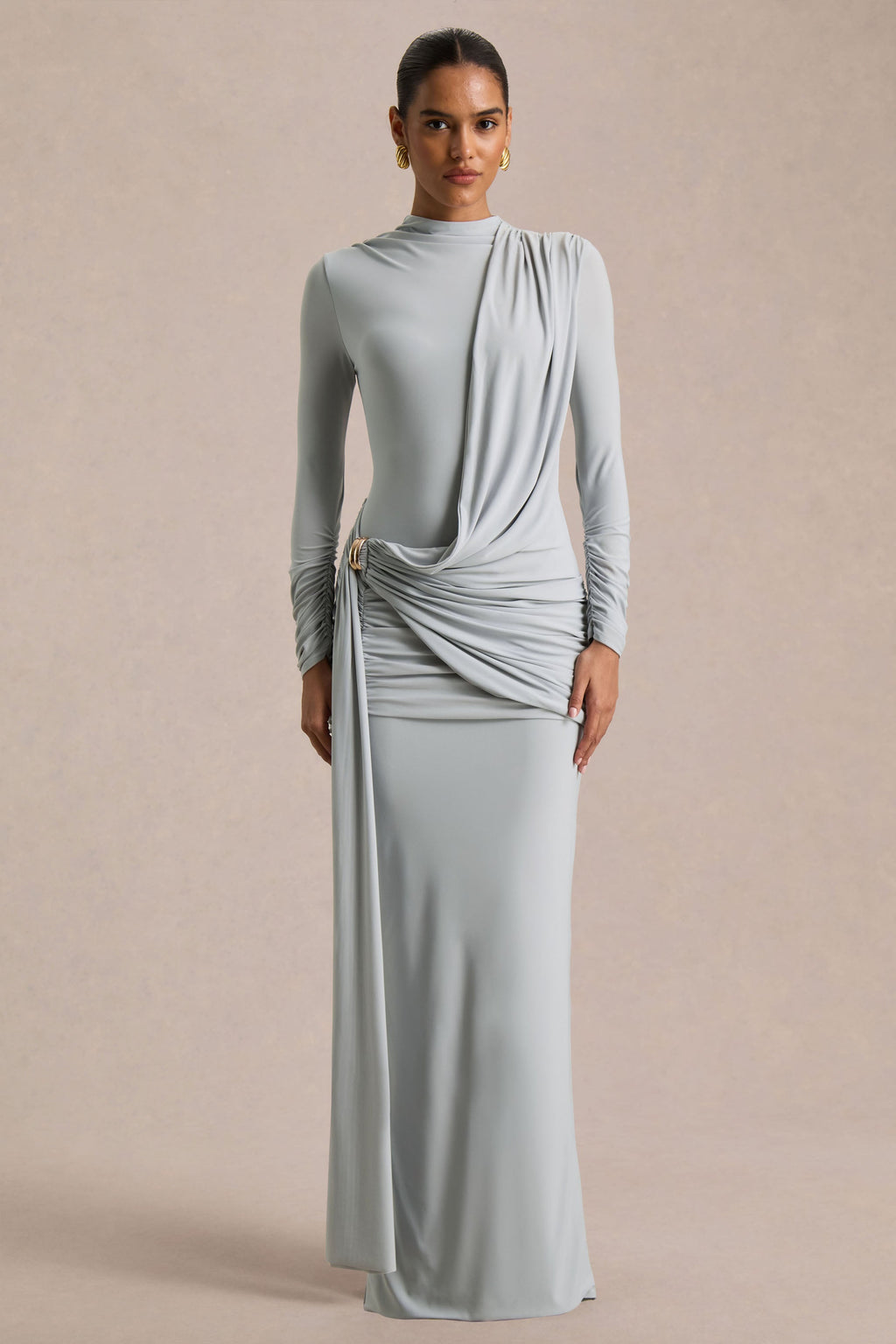 Melissa | Blue Long-Sleeve Wrap Maxi Dress With Draped Detailing