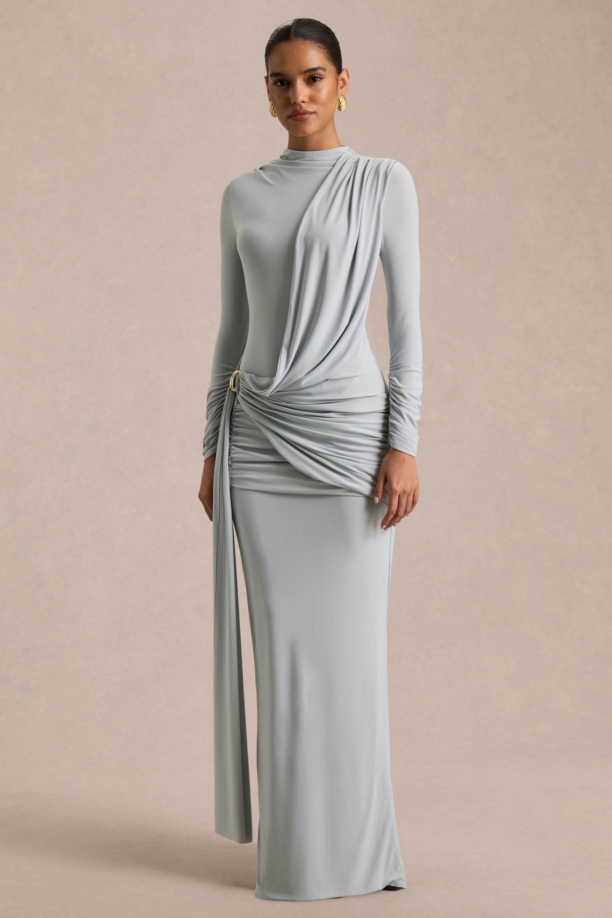 Melissa | Blue Long-Sleeve Wrap Maxi Dress With Draped Detailing