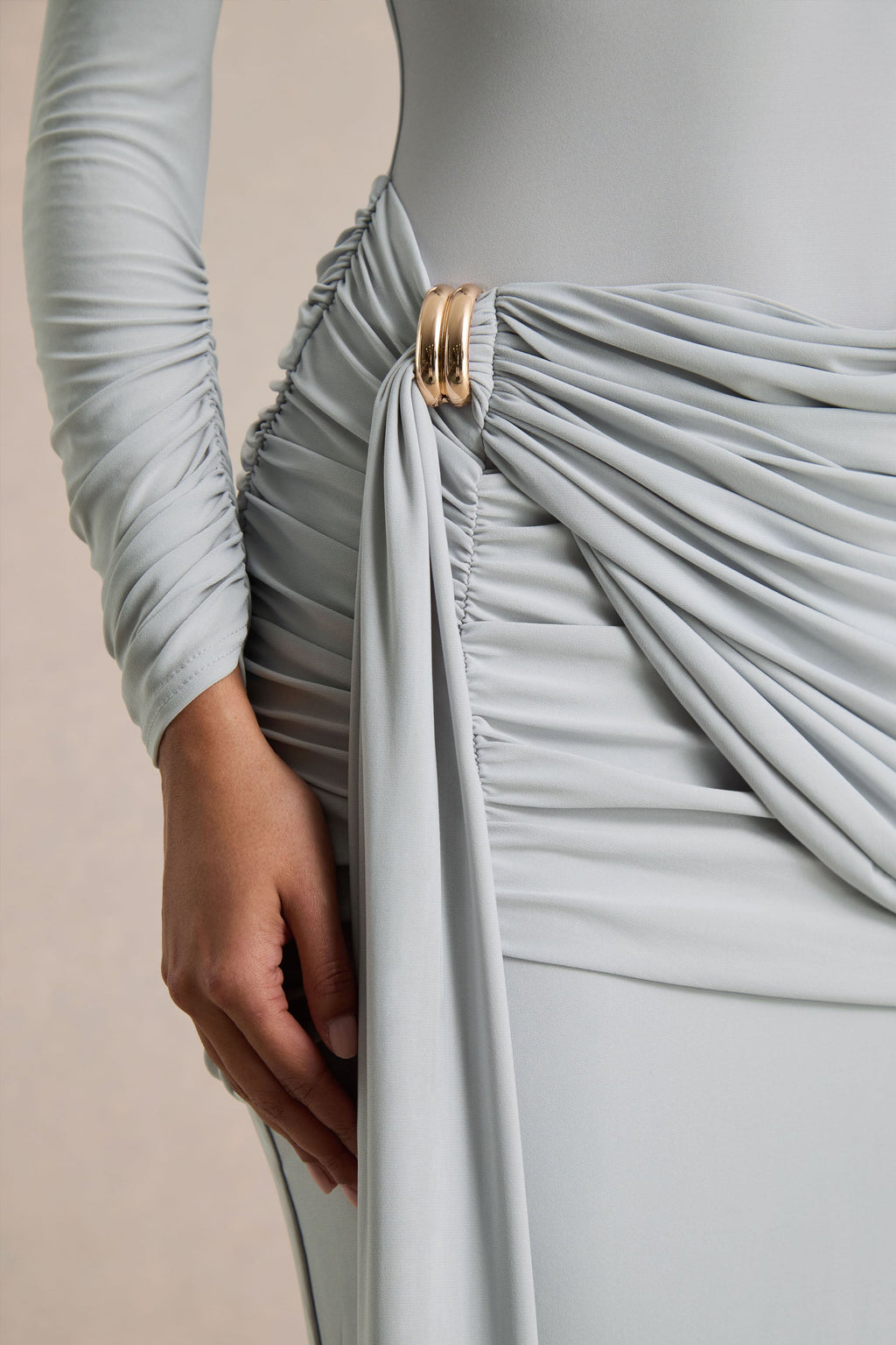 Melissa | Blue Long-Sleeve Wrap Maxi Dress With Draped Detailing