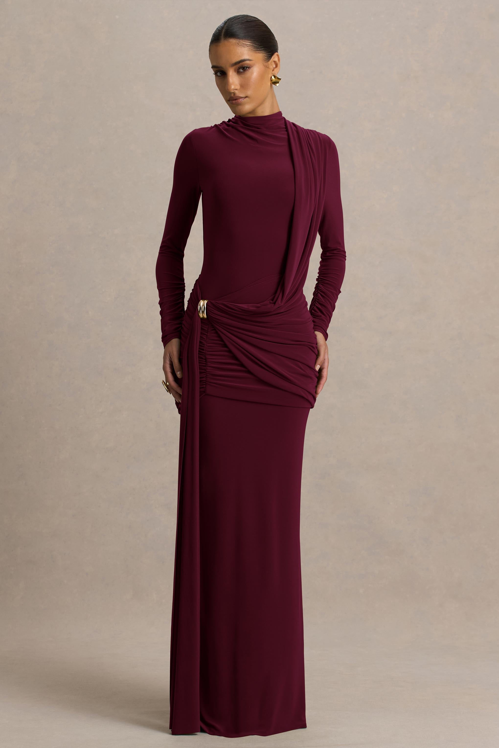 Melissa | Burgundy Long-Sleeve Wrap Maxi Dress With Draped Detailing