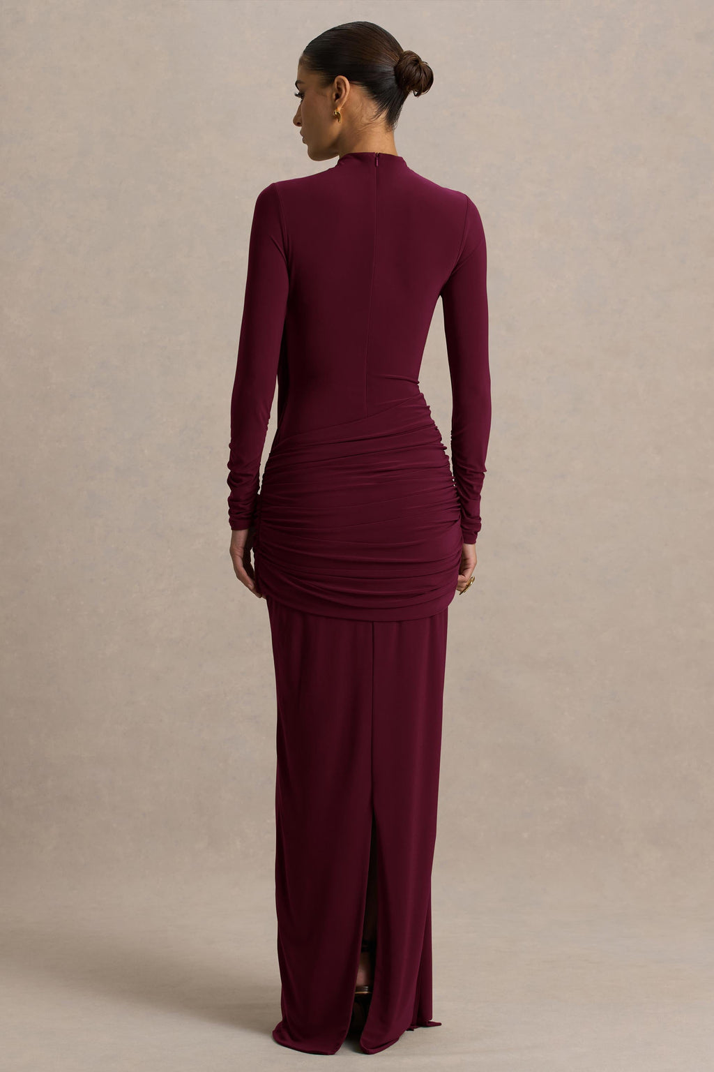 Melissa | Burgundy Long-Sleeve Wrap Maxi Dress With Draped Detailing