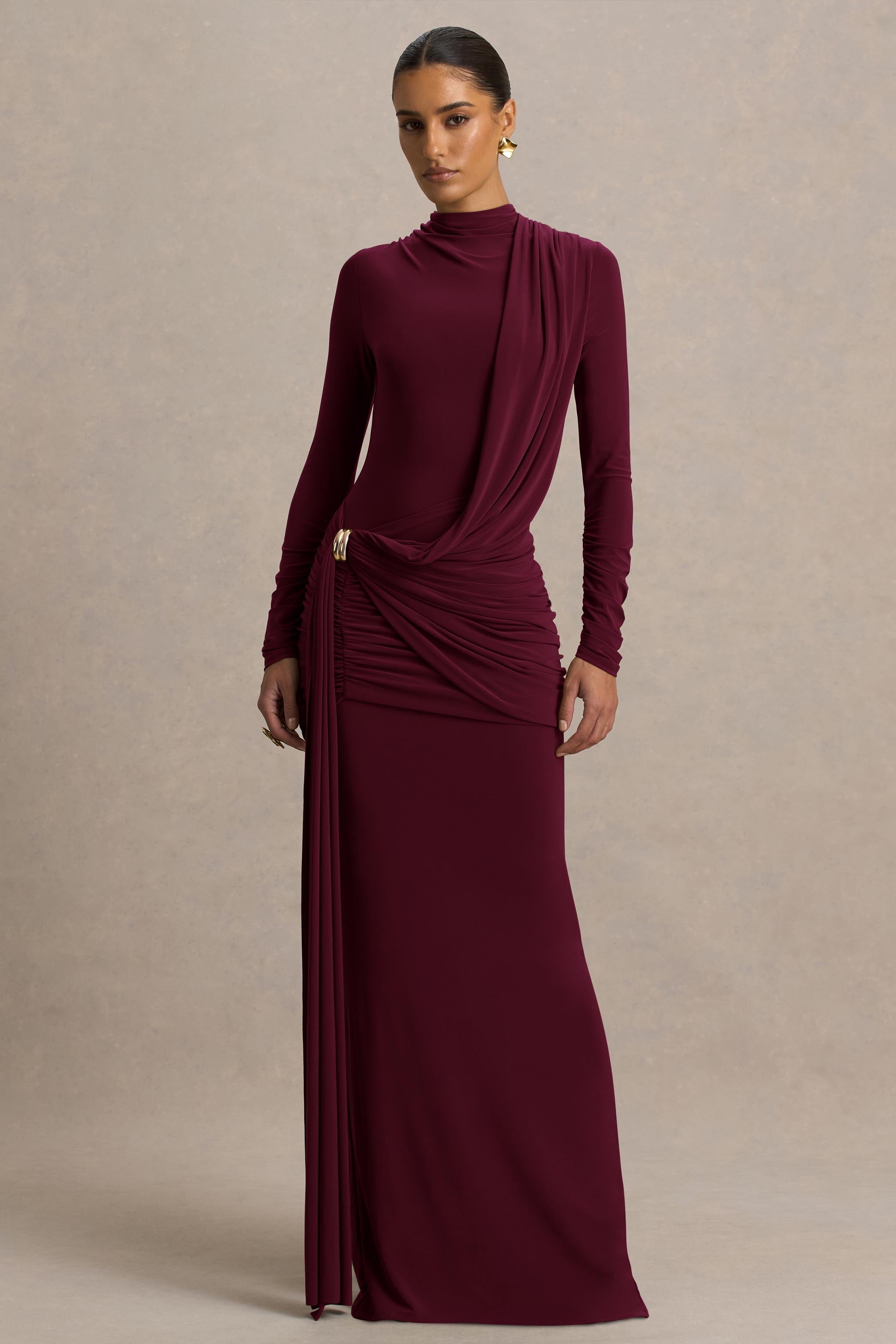Melissa | Burgundy Long-Sleeve Wrap Maxi Dress With Draped Detailing