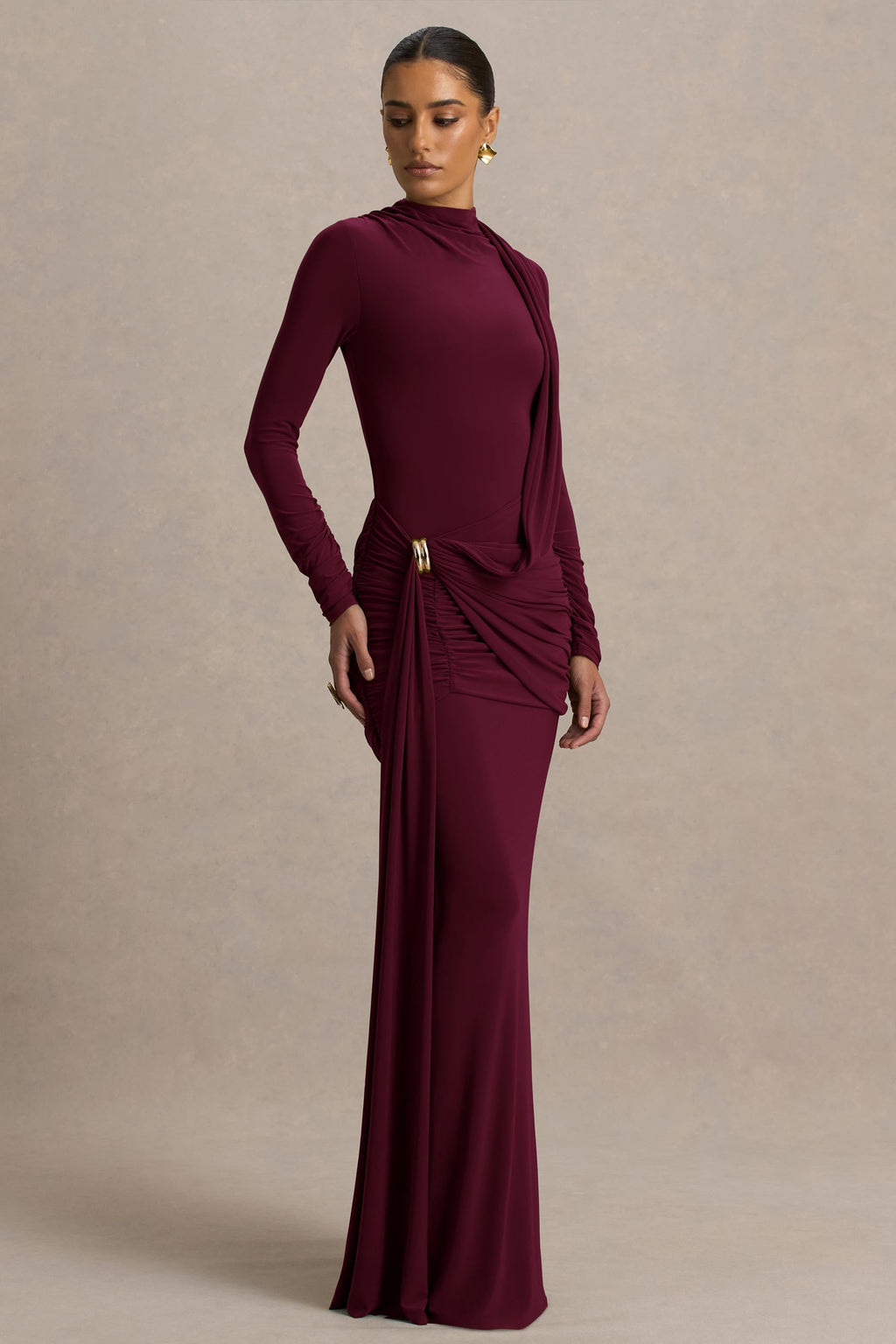 Melissa | Burgundy Long-Sleeve Wrap Maxi Dress With Draped Detailing