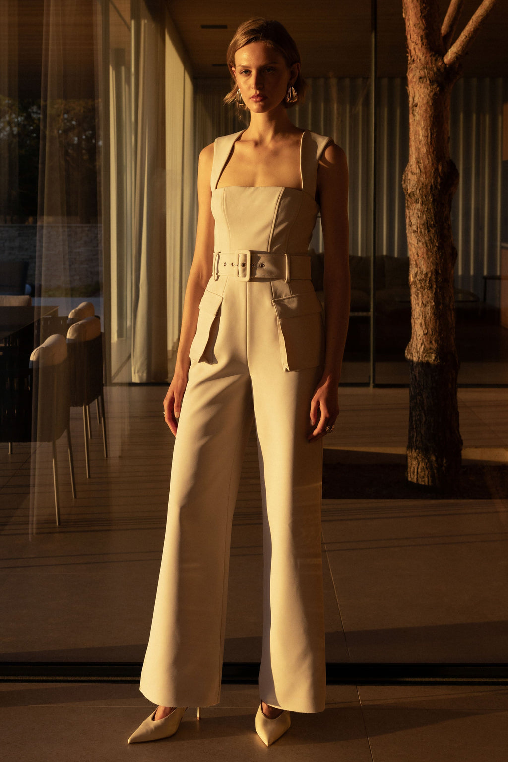 Solice | Cream Square-Neck Tailored Jumpsuit
