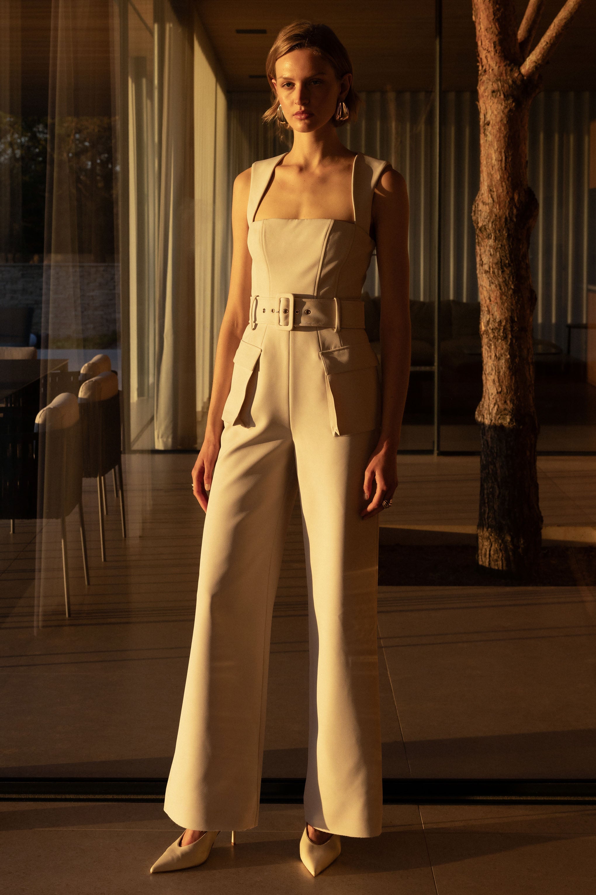 Solice | Cream Square-Neck Tailored Jumpsuit
