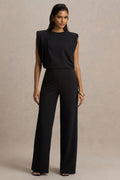 Tiff | Black Crew-Neck Jumpsuit With Draped Detailing