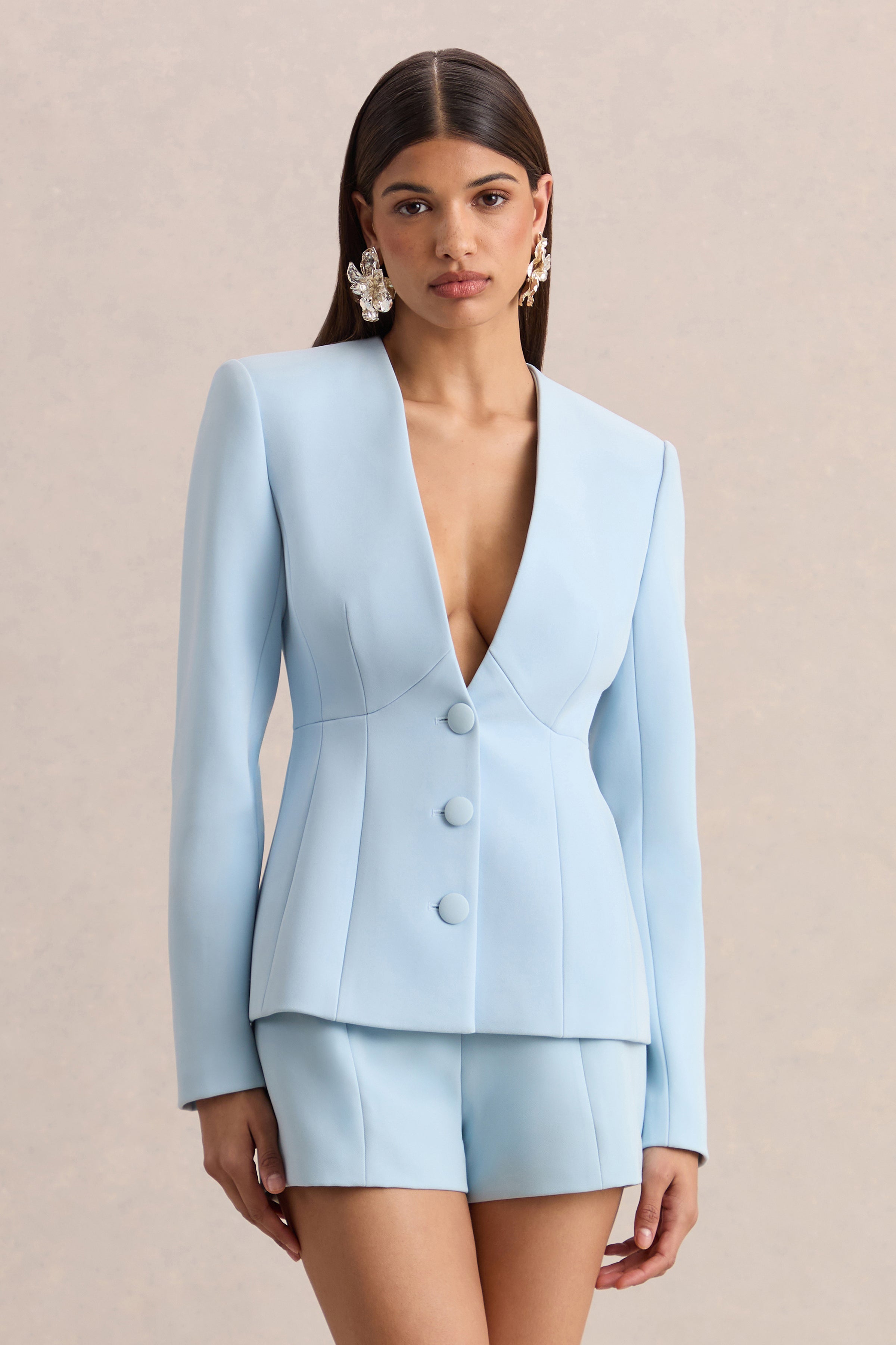 Rosalina | Light Blue Extreme-Plunge Neck Tailored Blazer