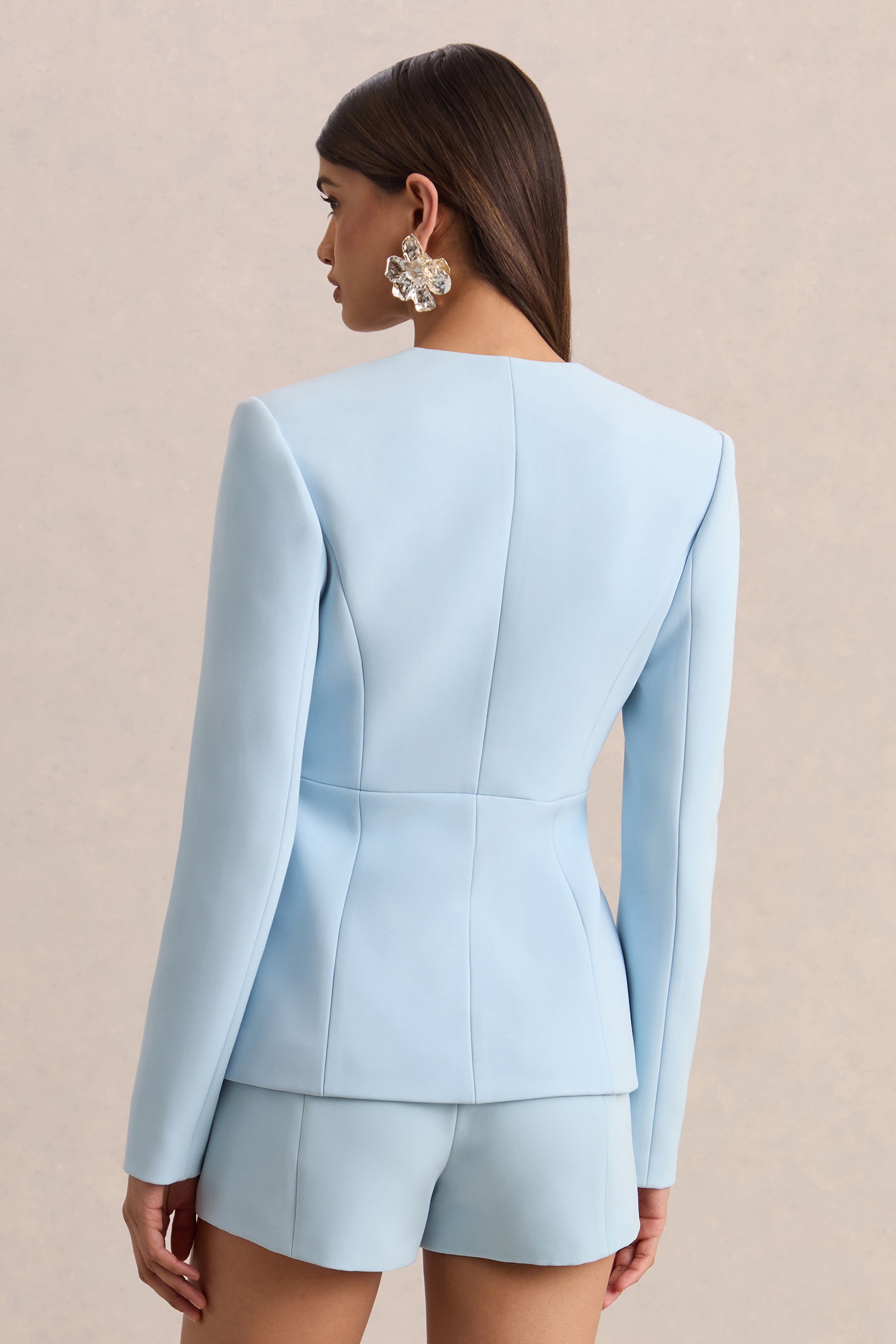 Rosalina | Light Blue Extreme-Plunge Neck Tailored Blazer
