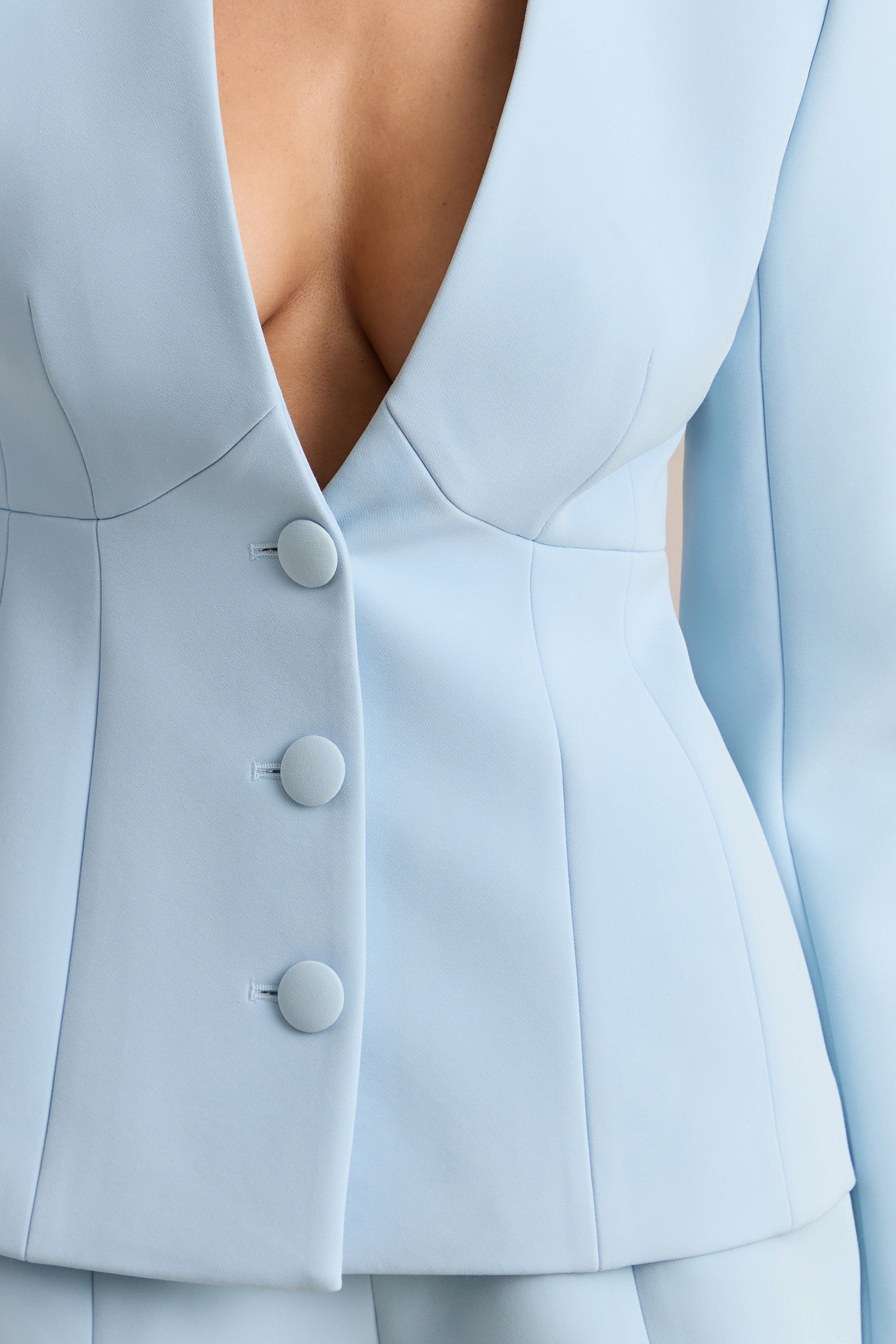 Rosalina | Light Blue Extreme-Plunge Neck Tailored Blazer
