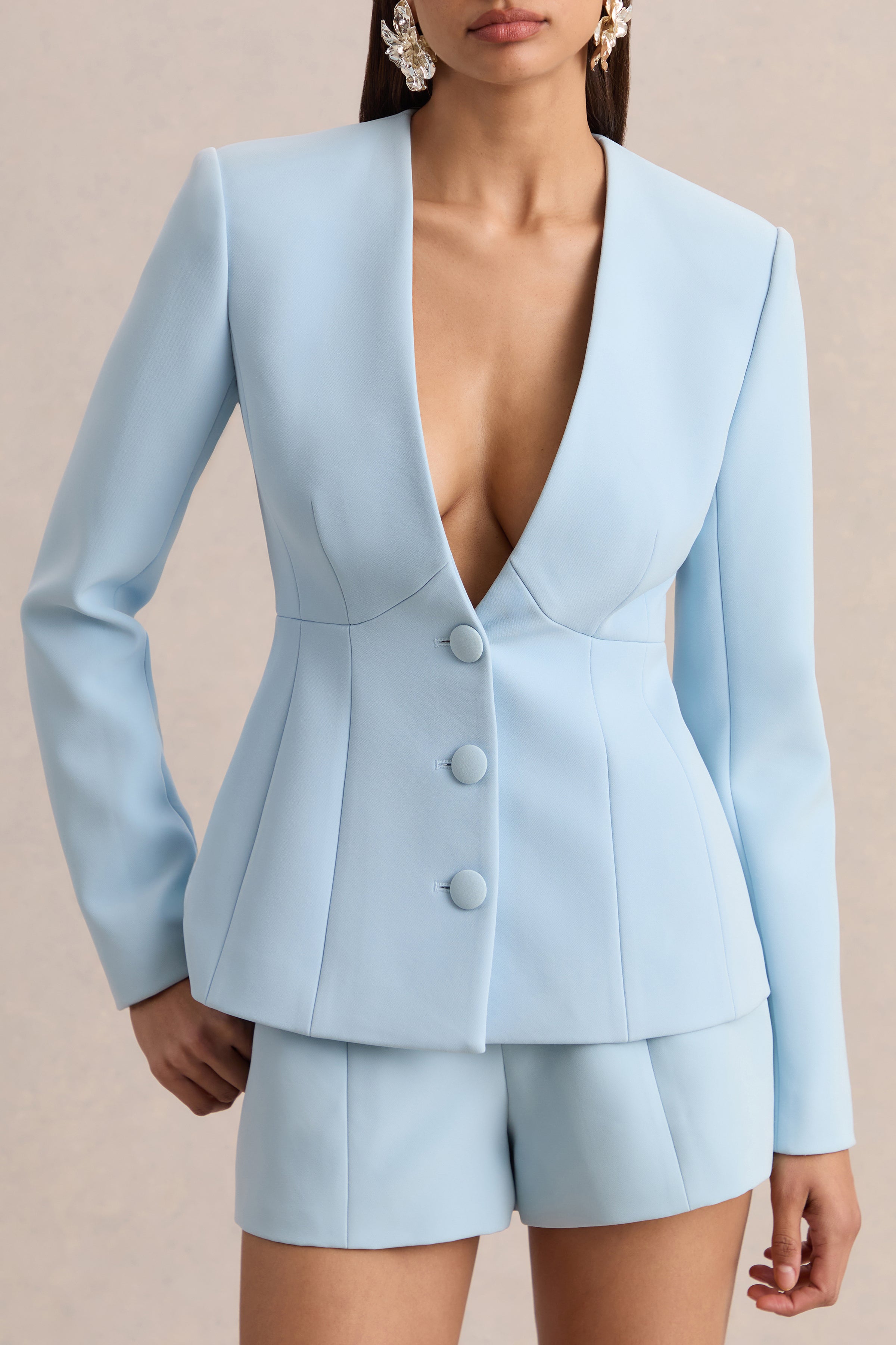 Rosalina | Light Blue Extreme-Plunge Neck Tailored Blazer